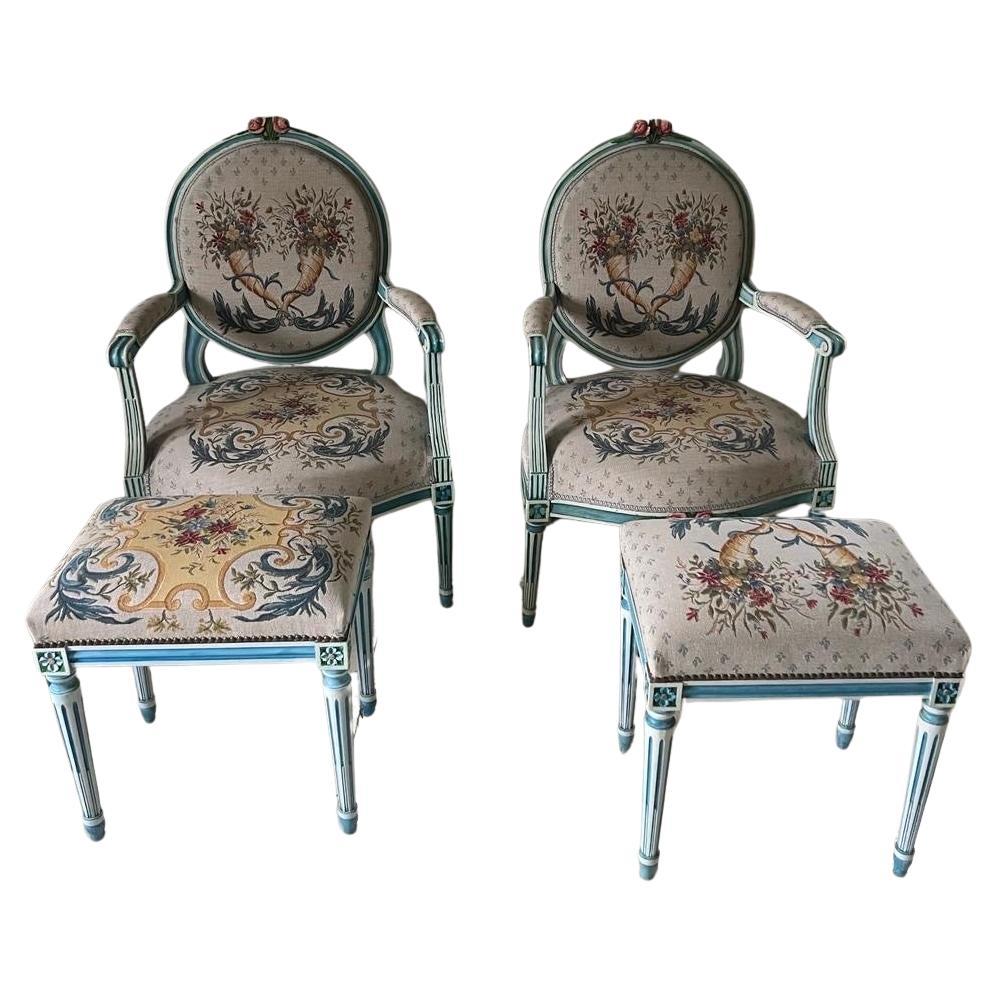 Pair of  Bergere chair with ottoman style XVI wood painted