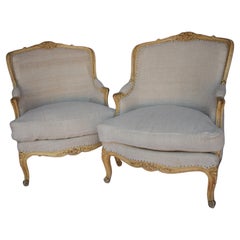 Pair of Bergere Chairs with French Linen Upholstery