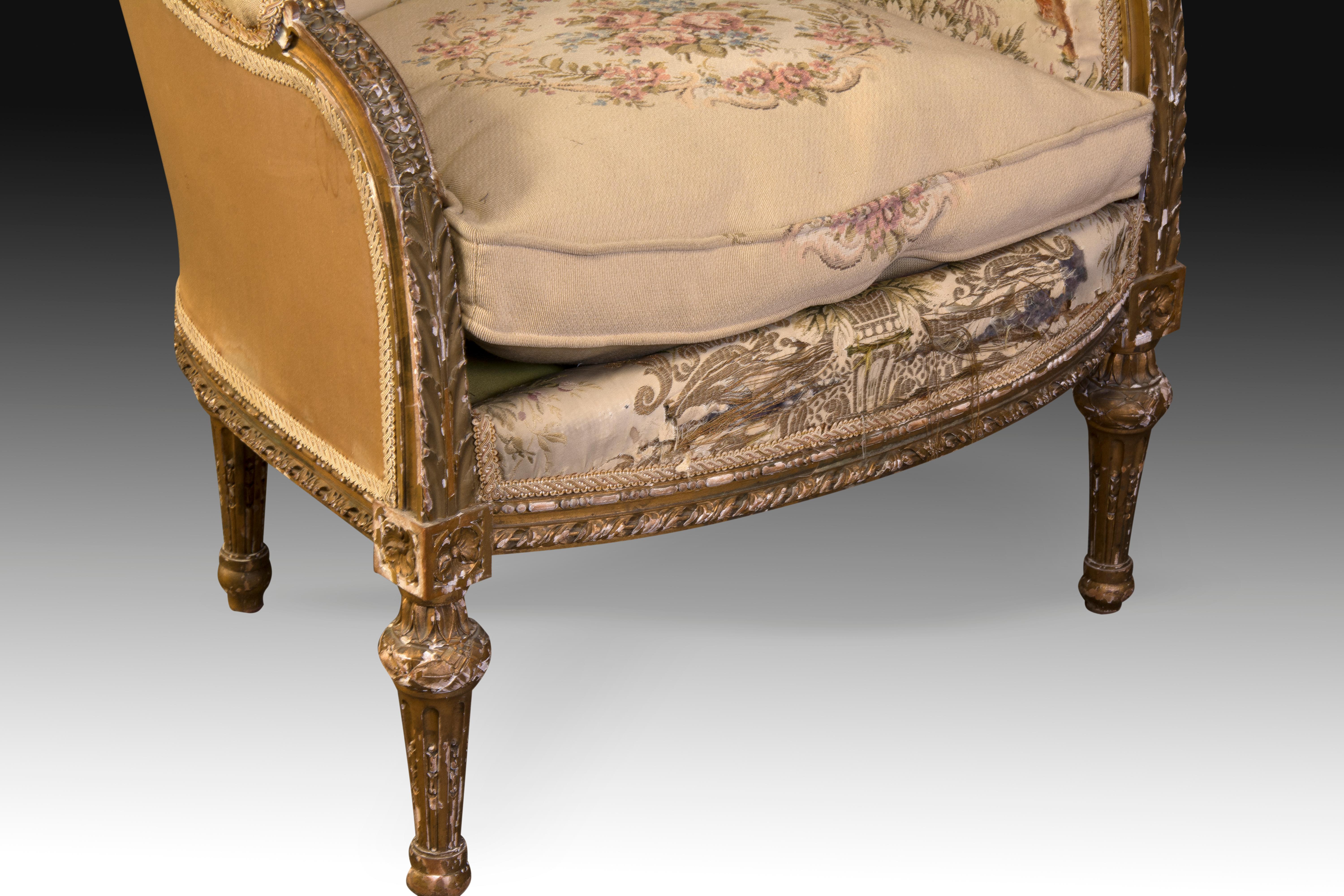 Neoclassical Pair of Bergère Chairs, Wood, Textile France, 19th Century