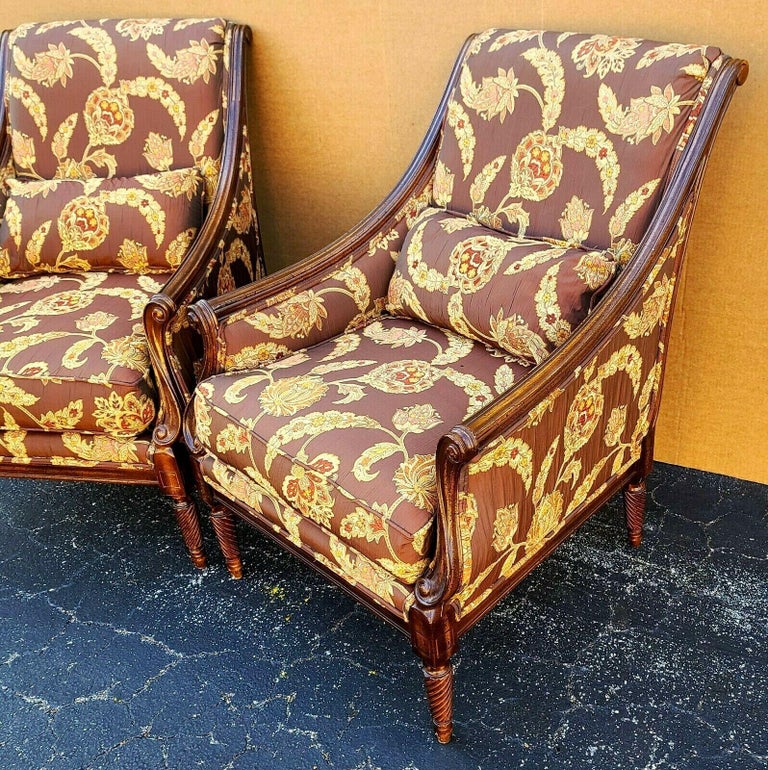 Offering one of our recent Palm Beach Estate Fine Furniture Acquisitions Of An Antique Pair of Silk Armchairs by ROBERT ALLEN
Featuring wonderful carvings, bolster pillows, and down-wrapped foam cushions for comfort without sagging.

Approximate