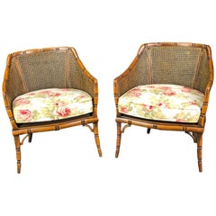Pair of Bergères Armchairs of Solid Beechwood Imitating Bamboo with Caned Backs