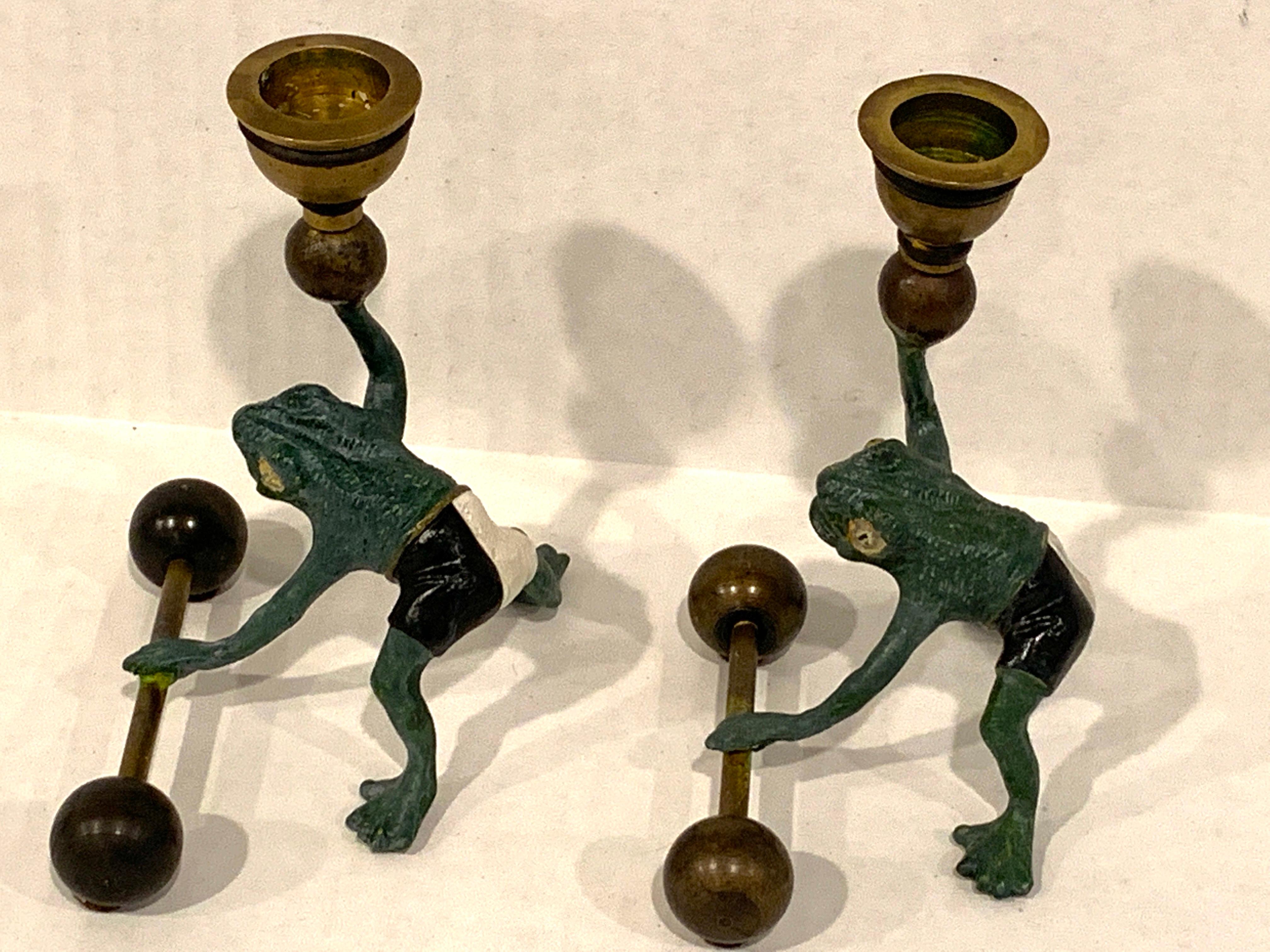 Hand-Painted Pair of Bergman Style Austrian Cold Painted Bronze Weightlifting Frogs For Sale