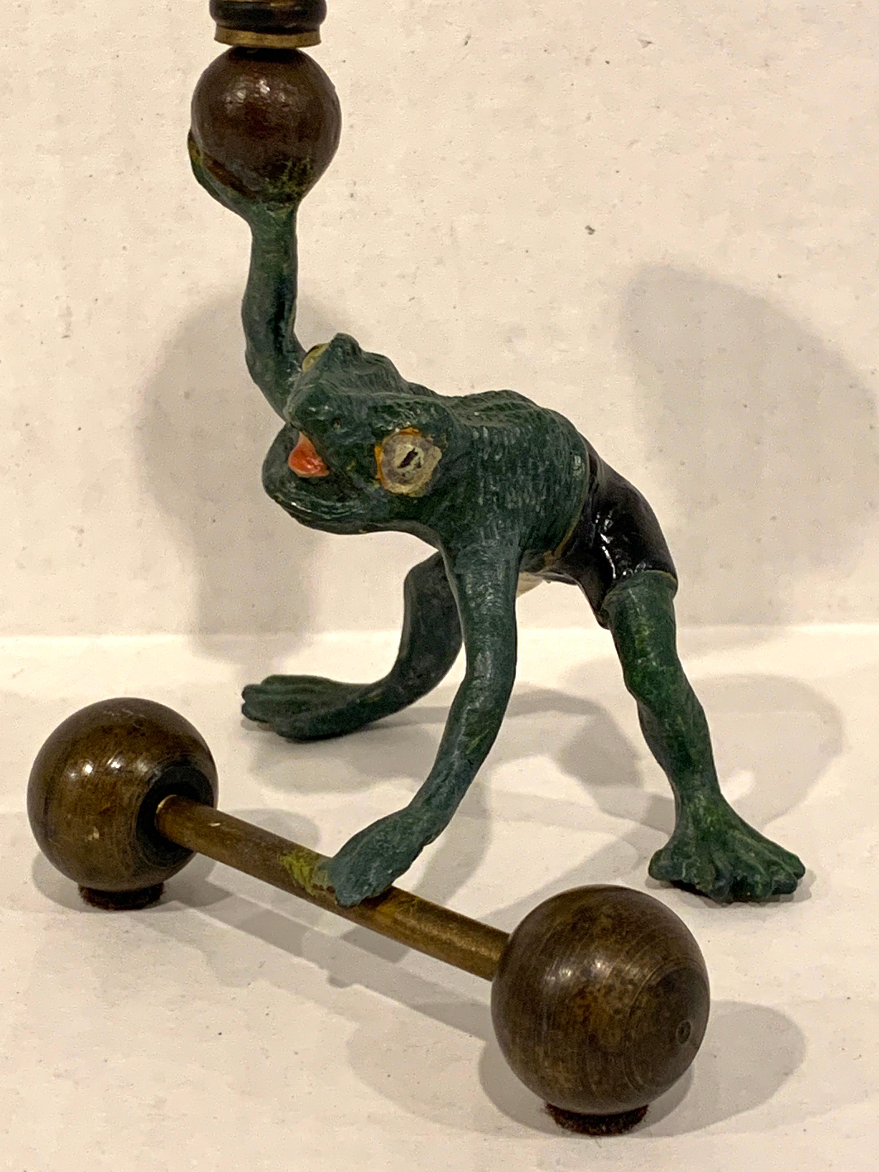 Pair of Bergman Style Austrian Cold Painted Bronze Weightlifting Frogs In Good Condition For Sale In Atlanta, GA
