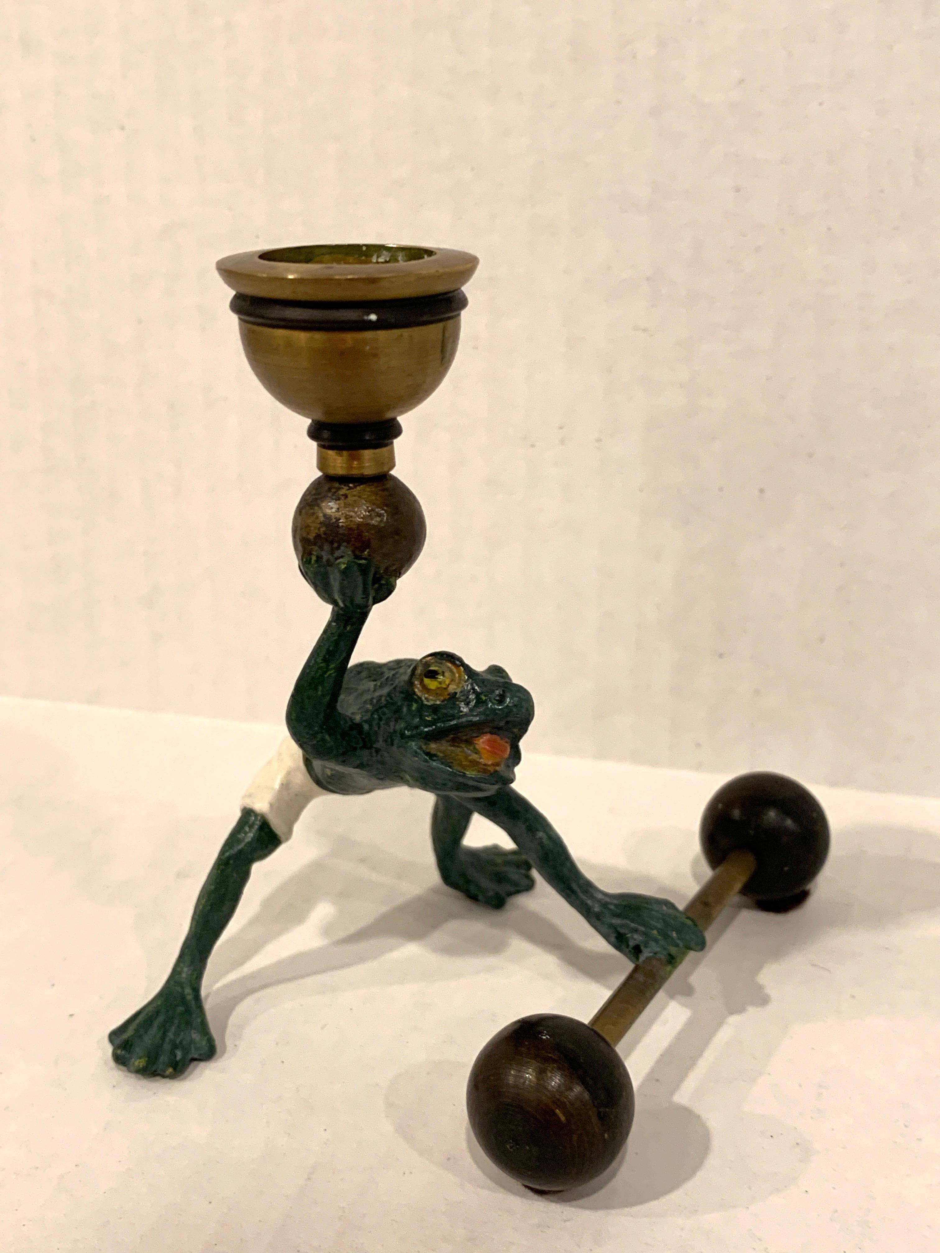 20th Century Pair of Bergman Style Austrian Cold Painted Bronze Weightlifting Frogs