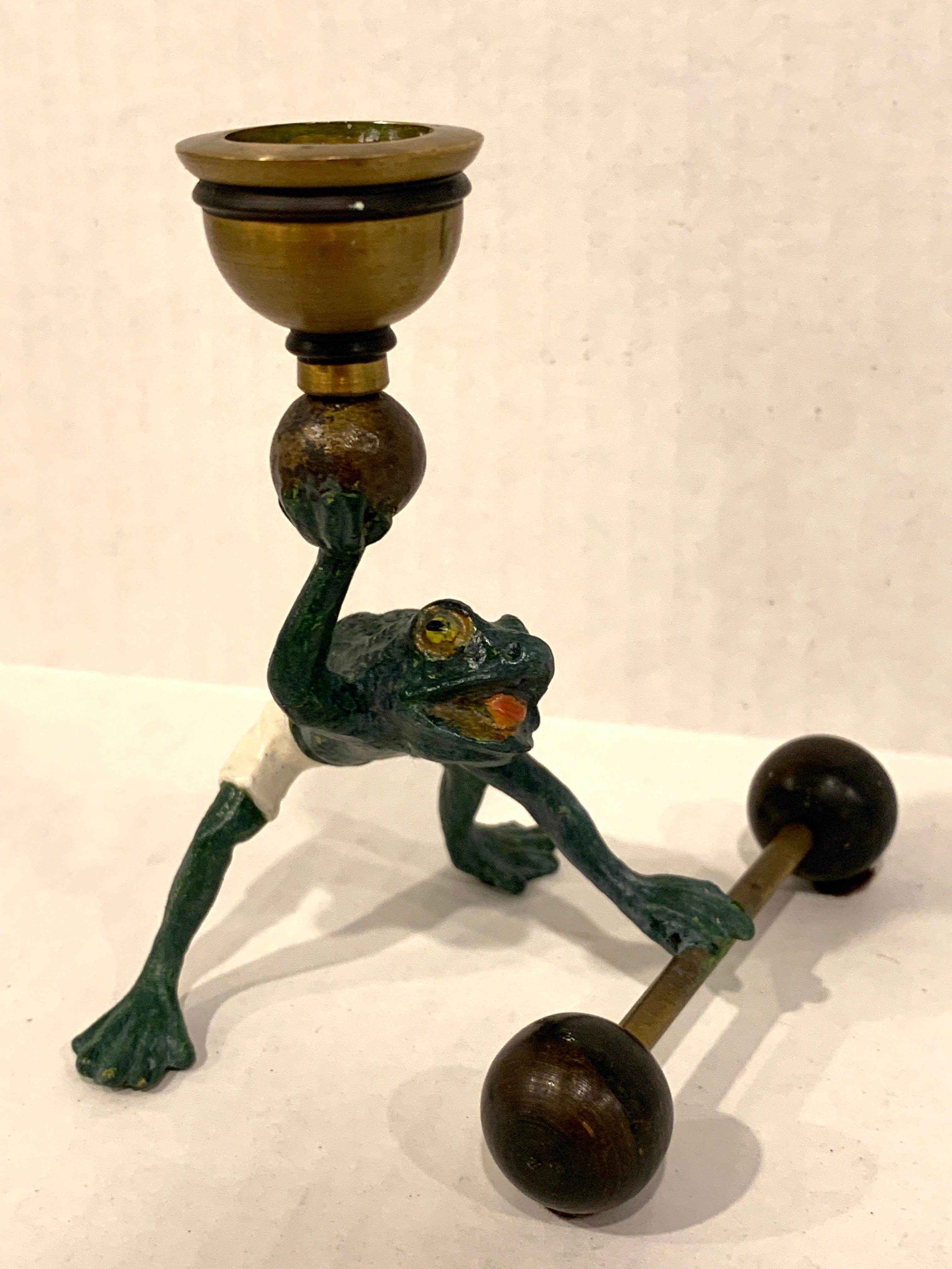 Pair of Bergman Style Austrian Cold Painted Bronze Weightlifting Frogs 1