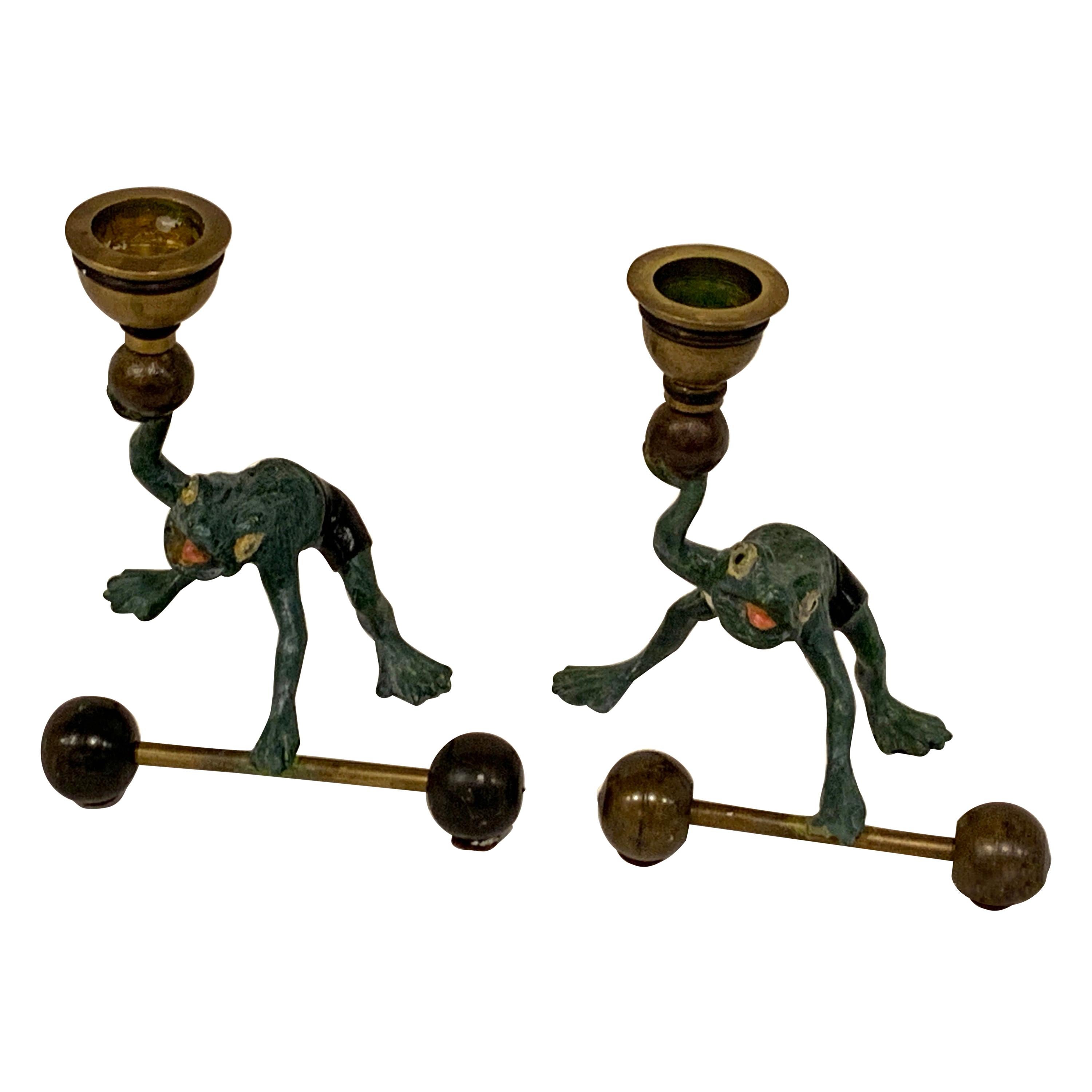 Pair of Bergman Style Austrian Cold Painted Bronze Weightlifting Frogs For Sale