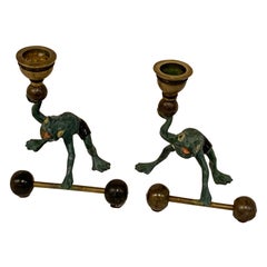 Pair of Bergman Style Austrian Cold Painted Bronze Weightlifting Frogs