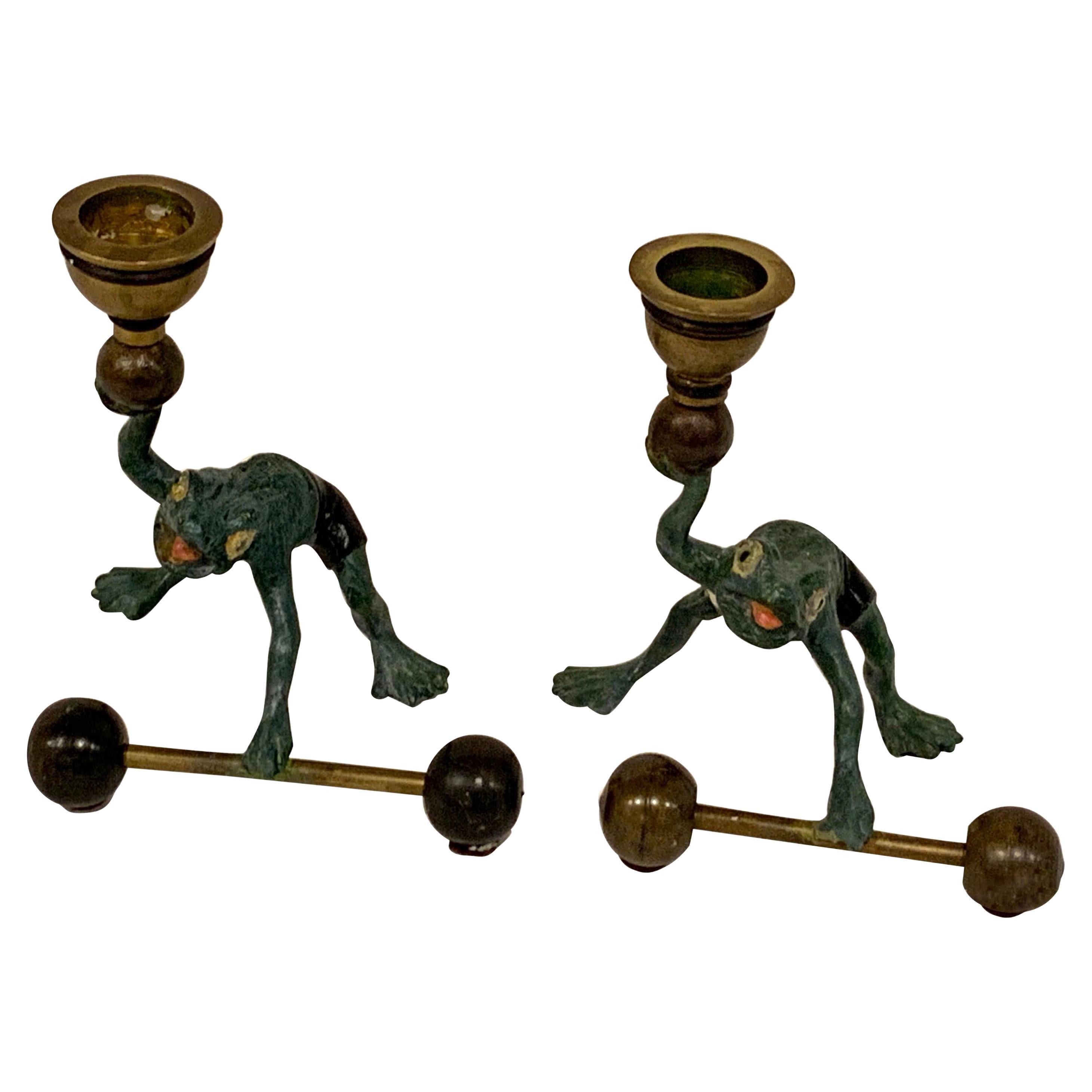 Pair of Bergman Style Austrian Cold Painted Bronze Weightlifting Frogs