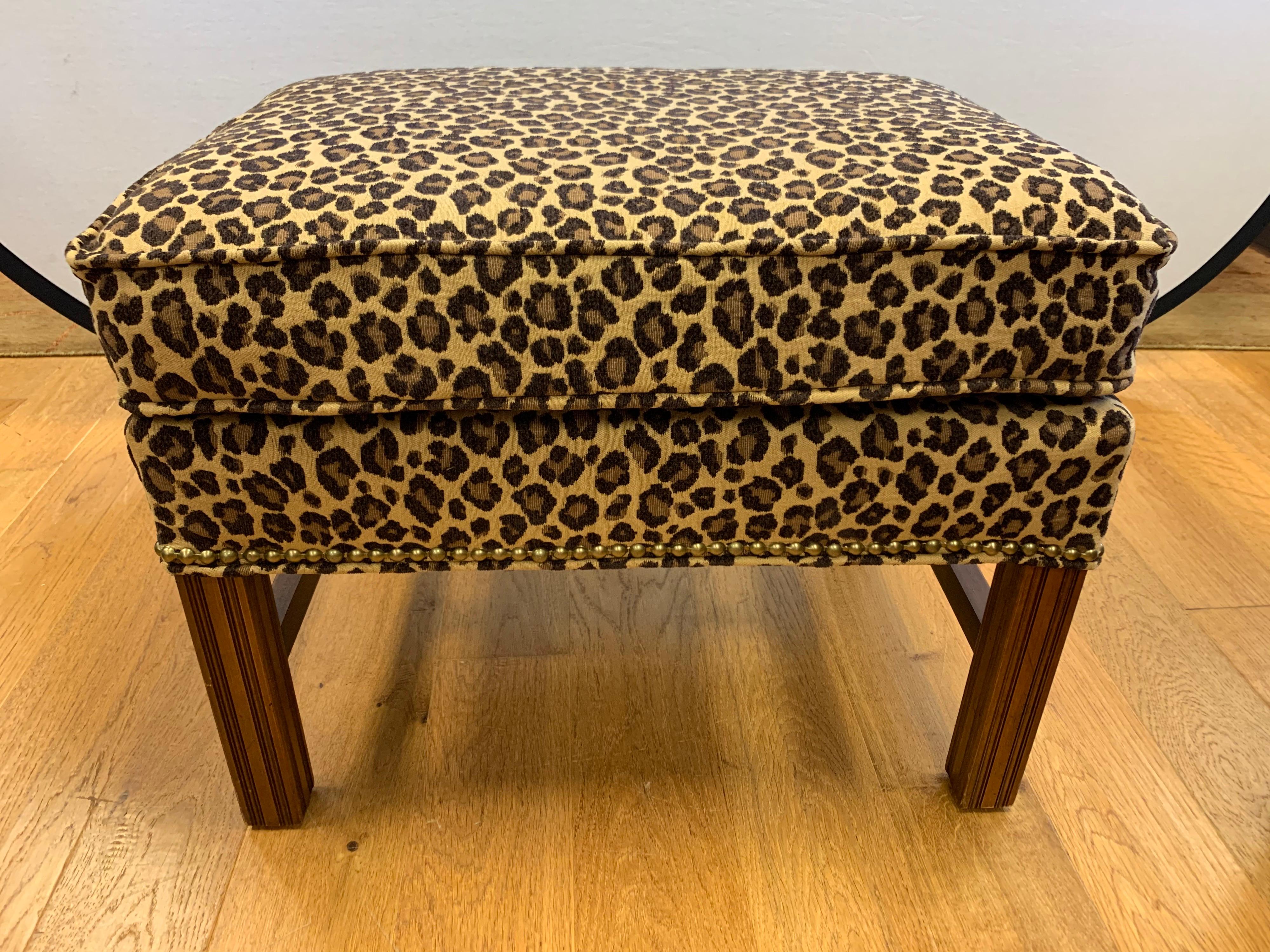 Pair of Berhardt Leopard Print Ottomans Stools Nailhead Newly Upholstered 1