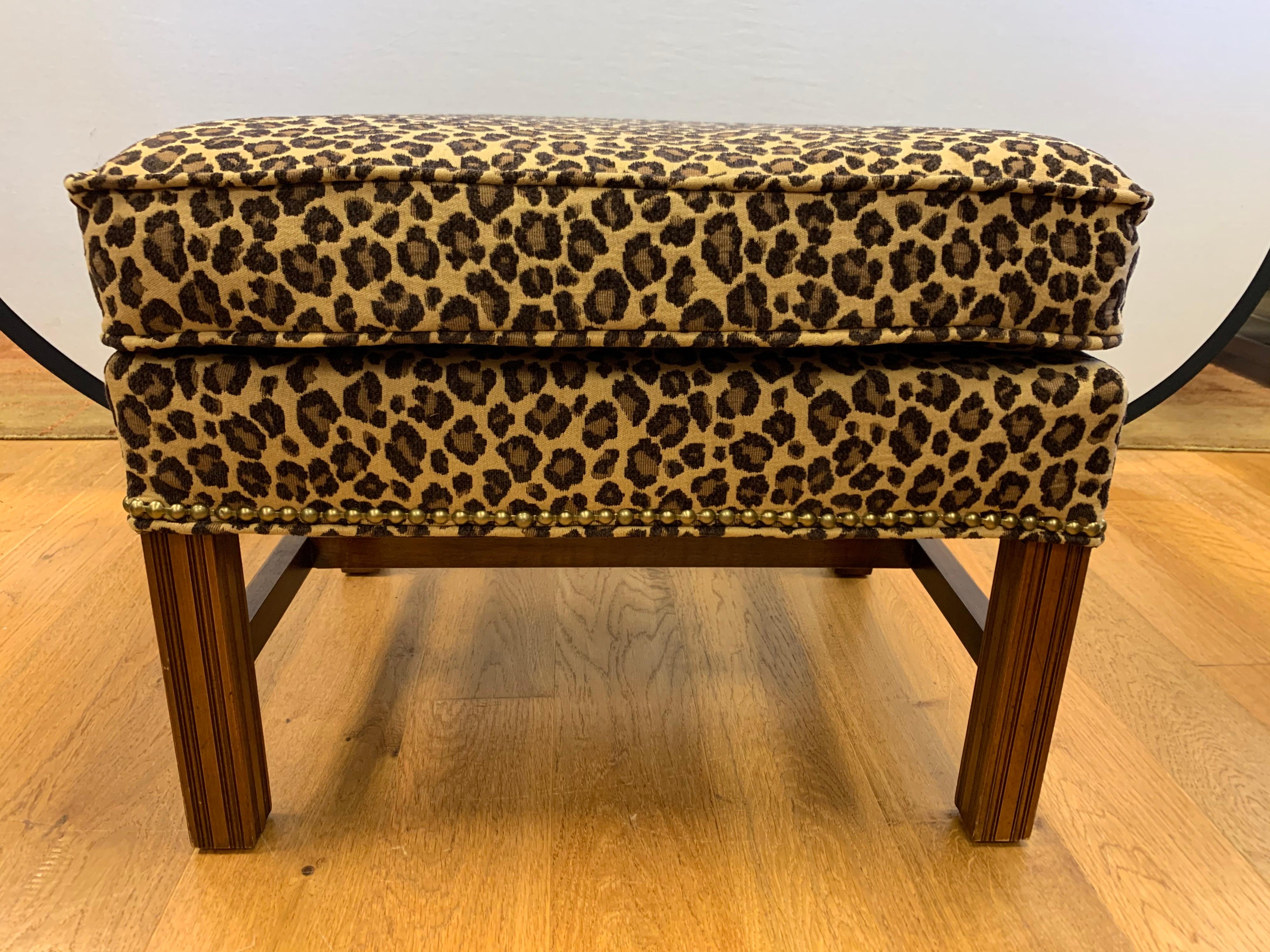 Pair of Berhardt Leopard Print Ottomans Stools Nailhead Newly Upholstered 2