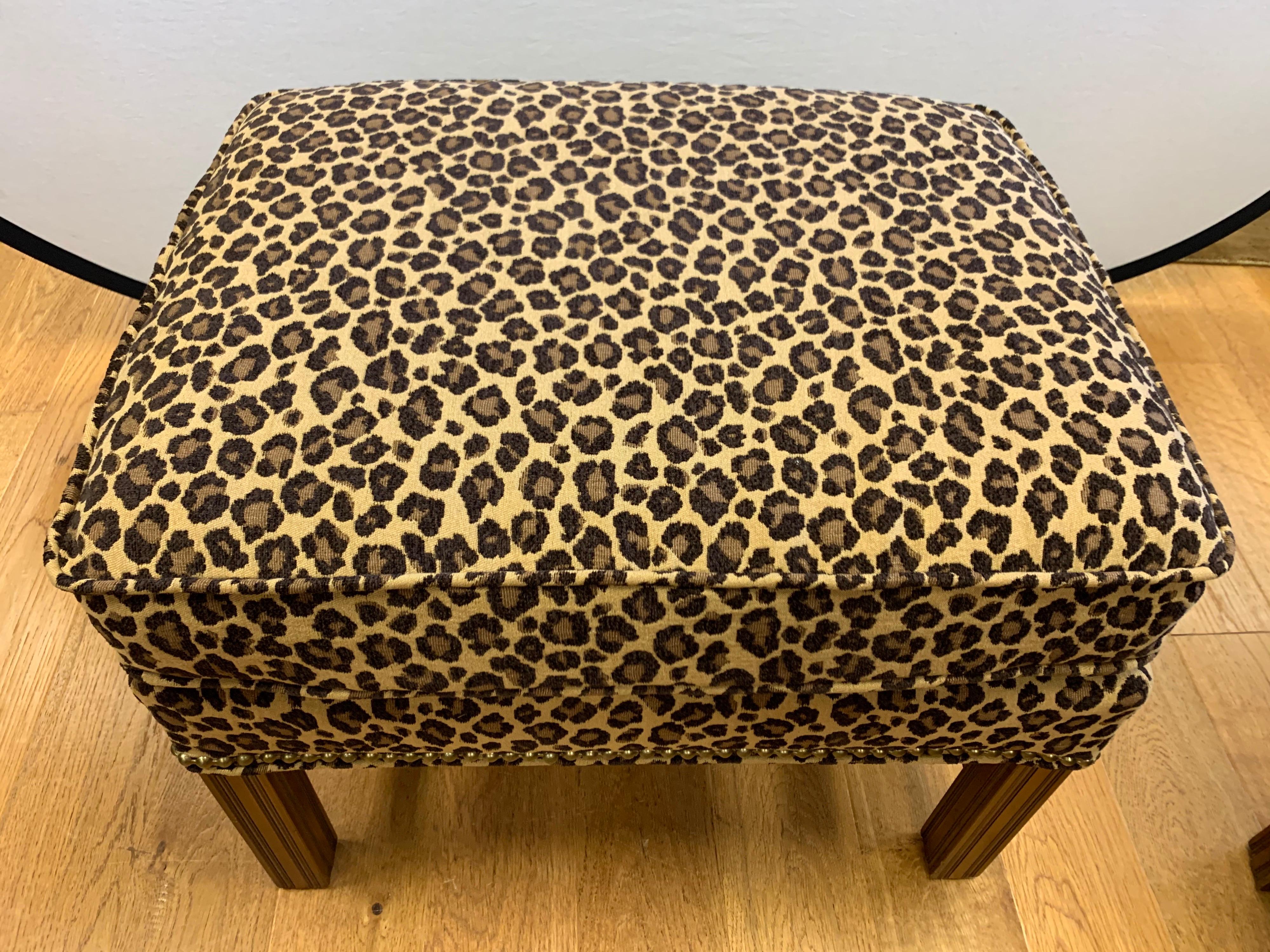 Pair of Berhardt Leopard Print Ottomans Stools Nailhead Newly Upholstered 3