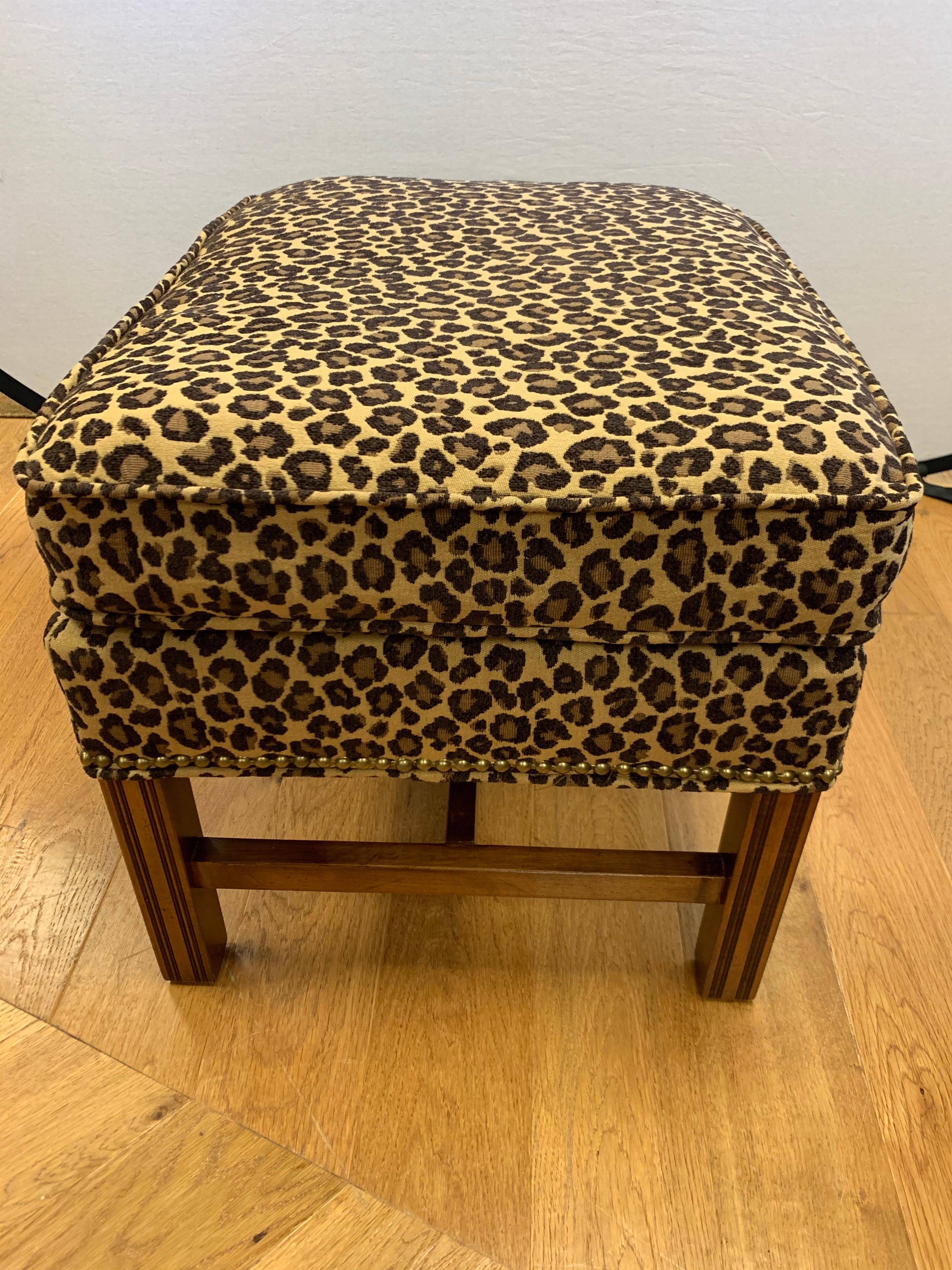 Pair of Berhardt Leopard Print Ottomans Stools Nailhead Newly Upholstered 4