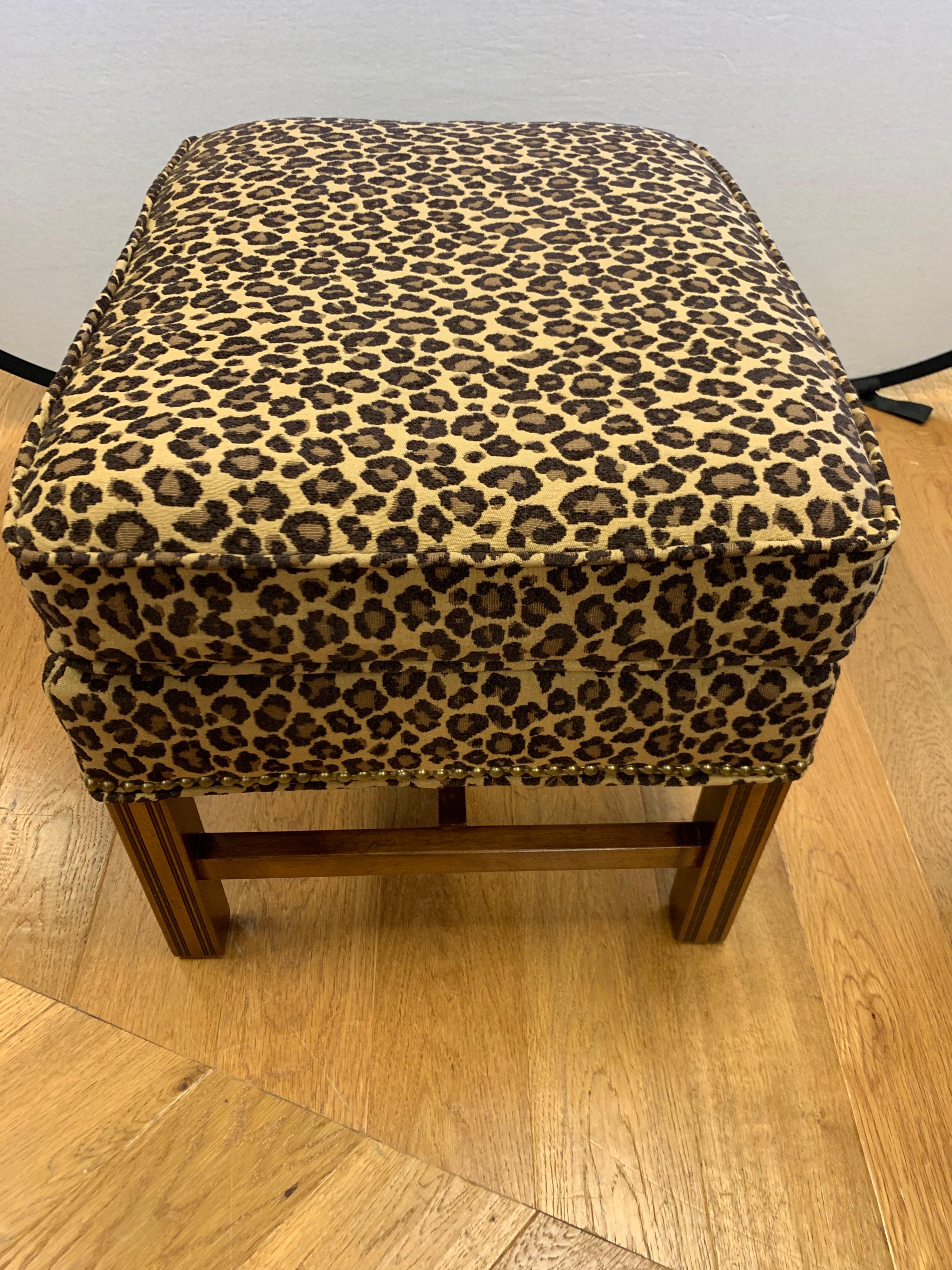 Pair of Berhardt Leopard Print Ottomans Stools Nailhead Newly Upholstered 7