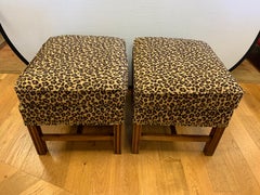 Pair of Berhardt Leopard Print Ottomans Stools Nailhead Newly Upholstered