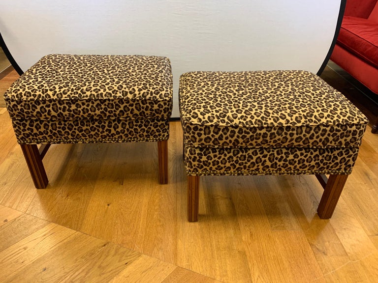 Pair of Berhardt Leopard Print Ottomans Stools Nailhead Newly Upholstered  at 1stDibs
