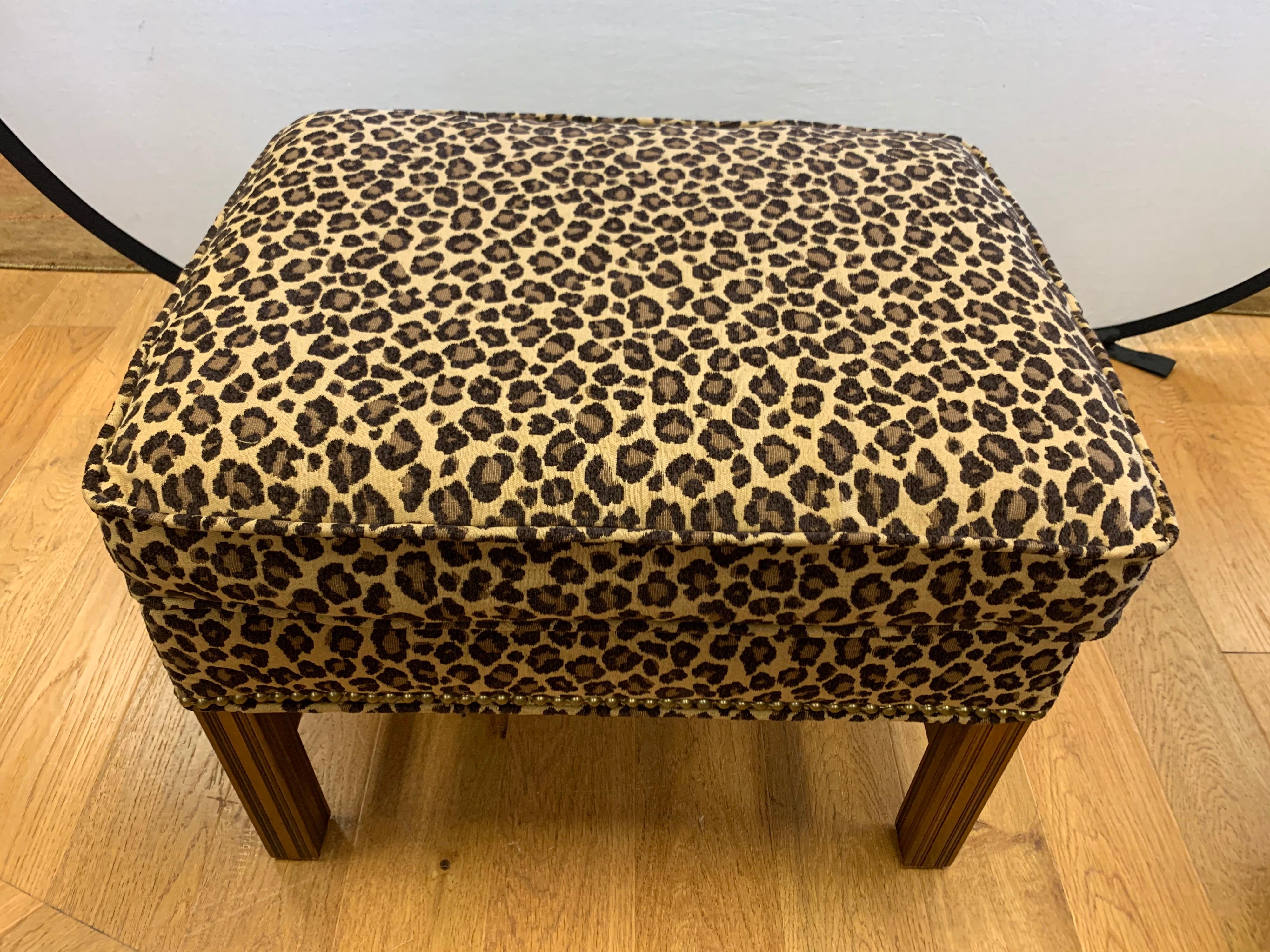 American Pair of Berhardt Leopard Print Ottomans Stools Nailhead Newly Upholstered