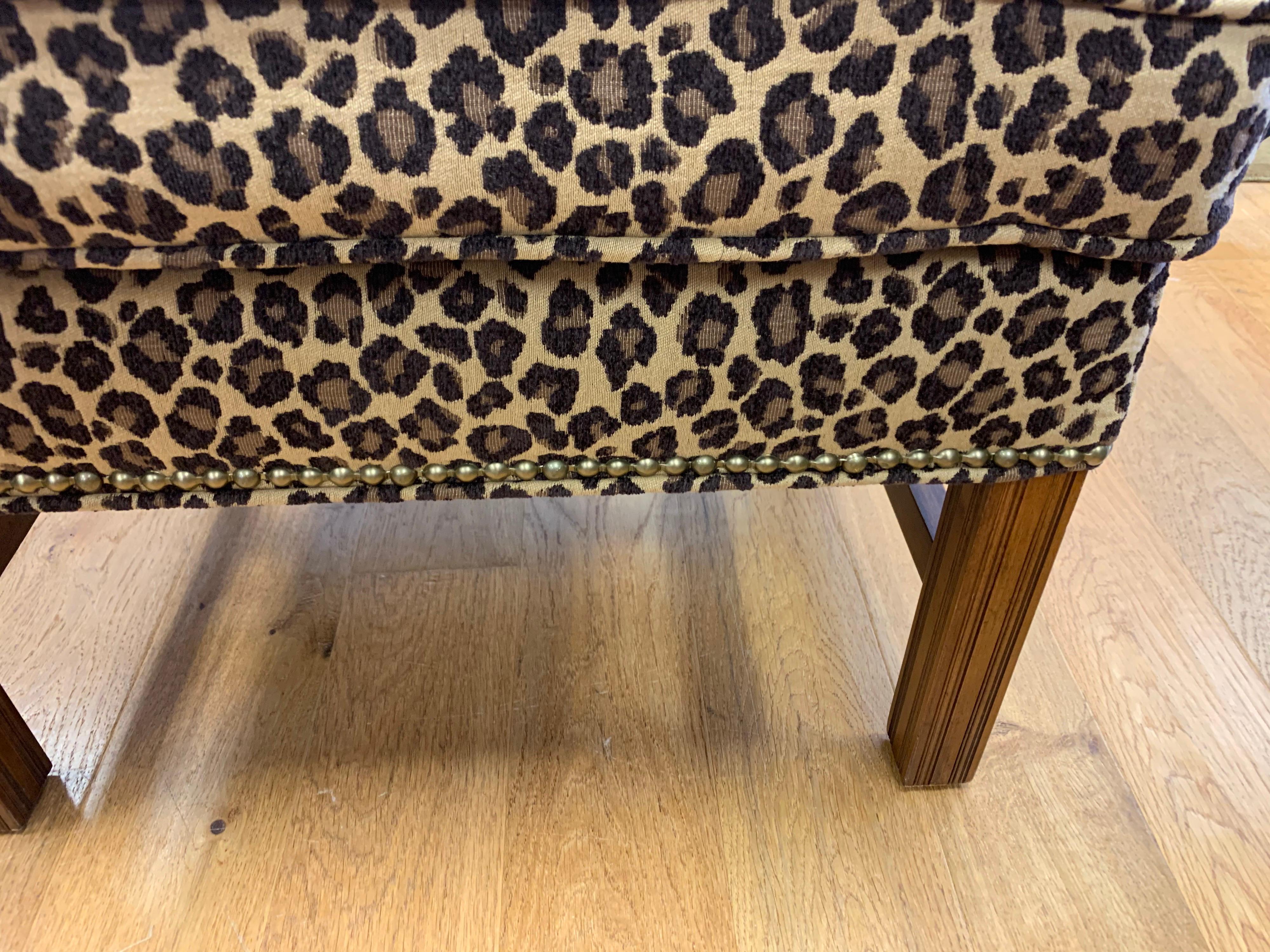 Pair of Berhardt Leopard Print Ottomans Stools Nailhead Newly Upholstered In Good Condition In West Hartford, CT