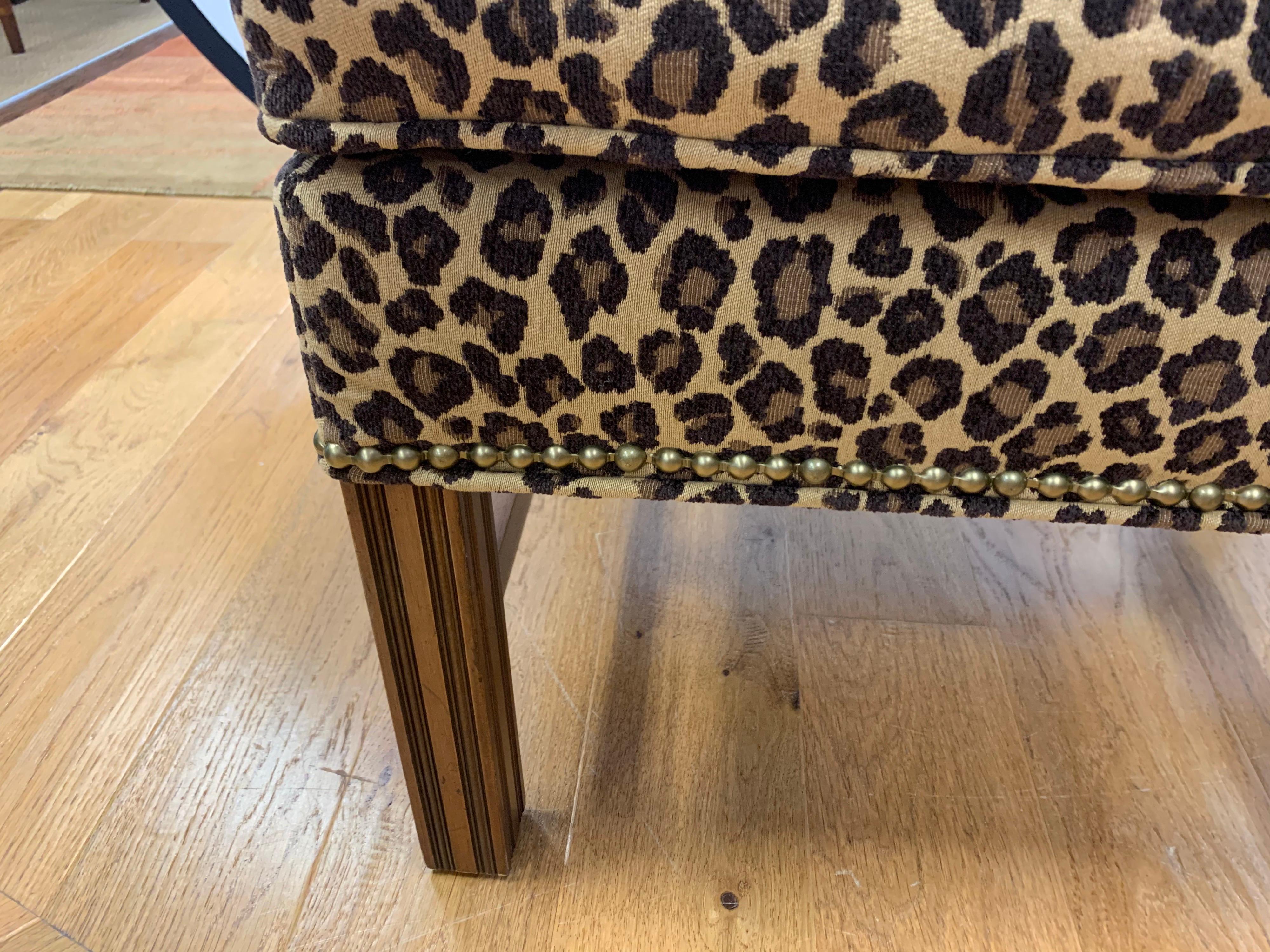 Late 20th Century Pair of Berhardt Leopard Print Ottomans Stools Nailhead Newly Upholstered