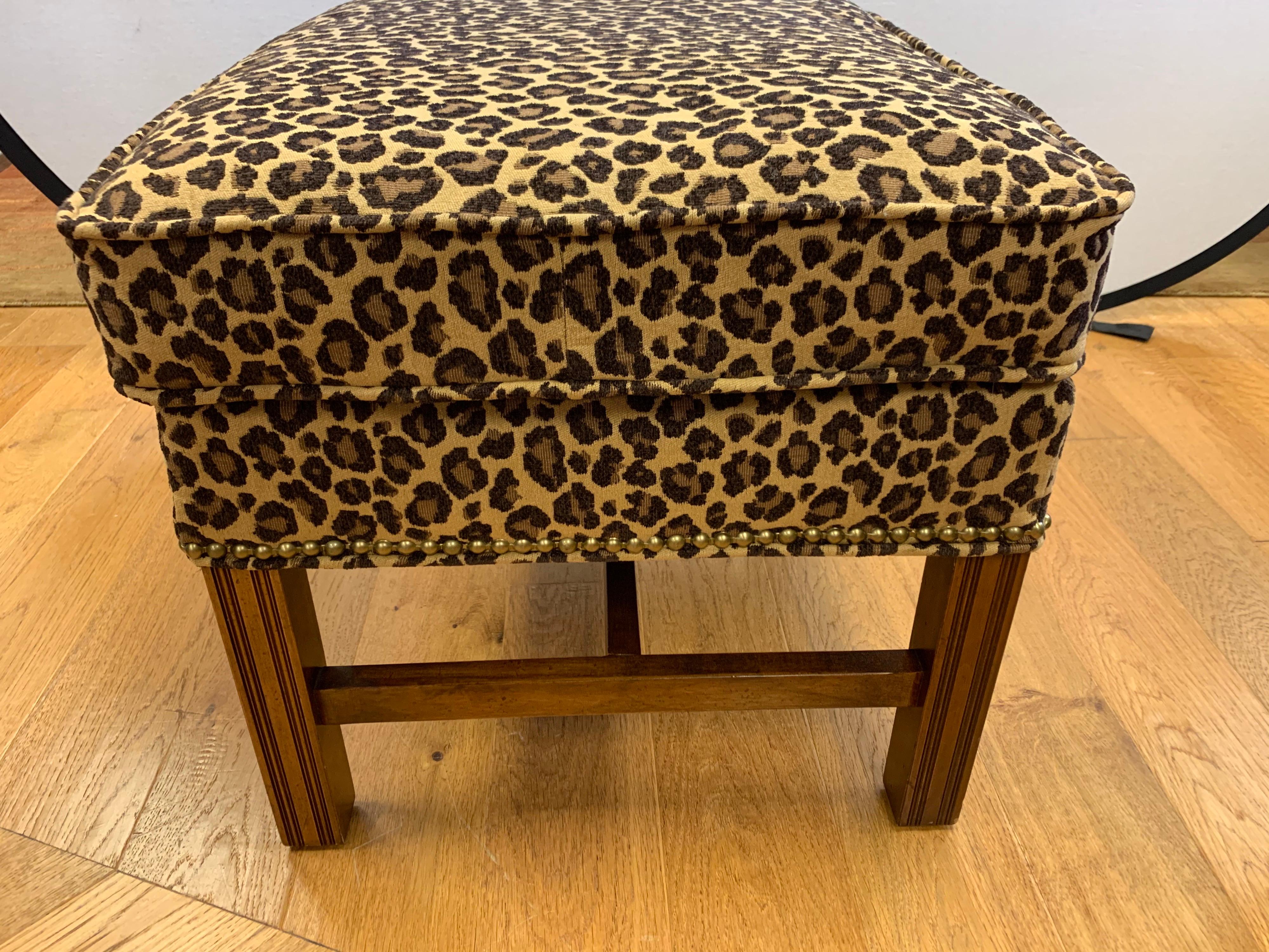 Brass Pair of Berhardt Leopard Print Ottomans Stools Nailhead Newly Upholstered