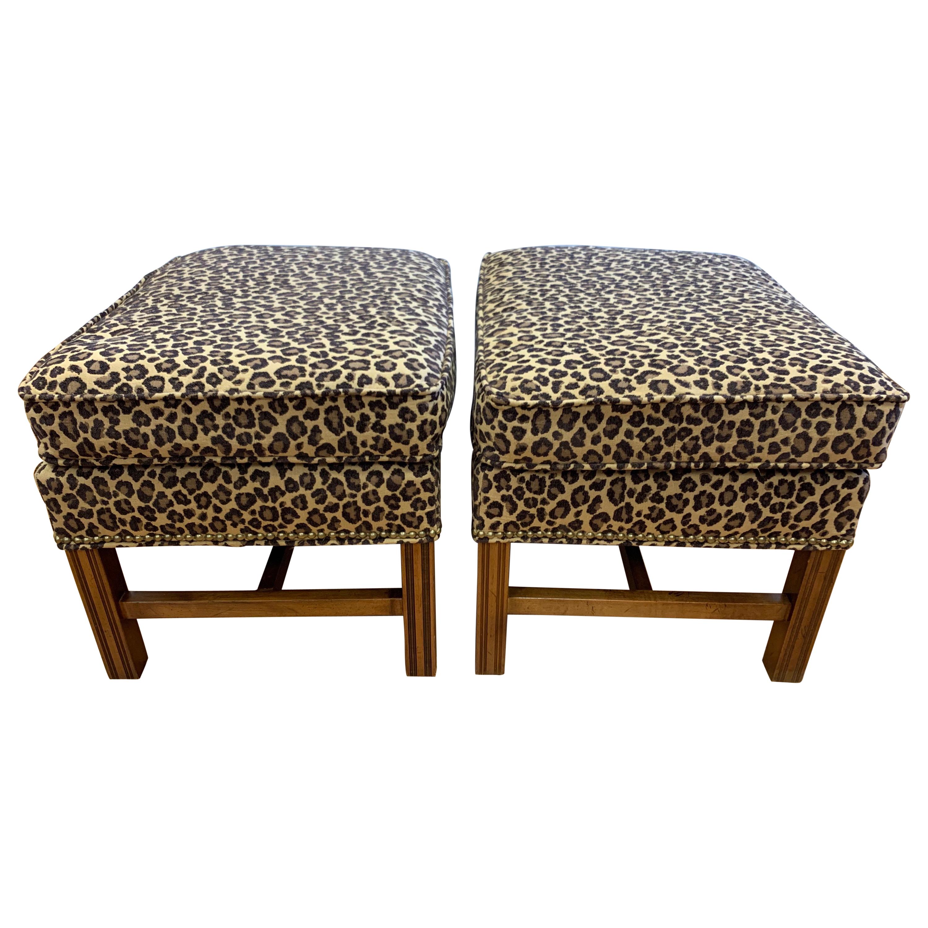 Pair of Berhardt Leopard Print Ottomans Stools Nailhead Newly Upholstered