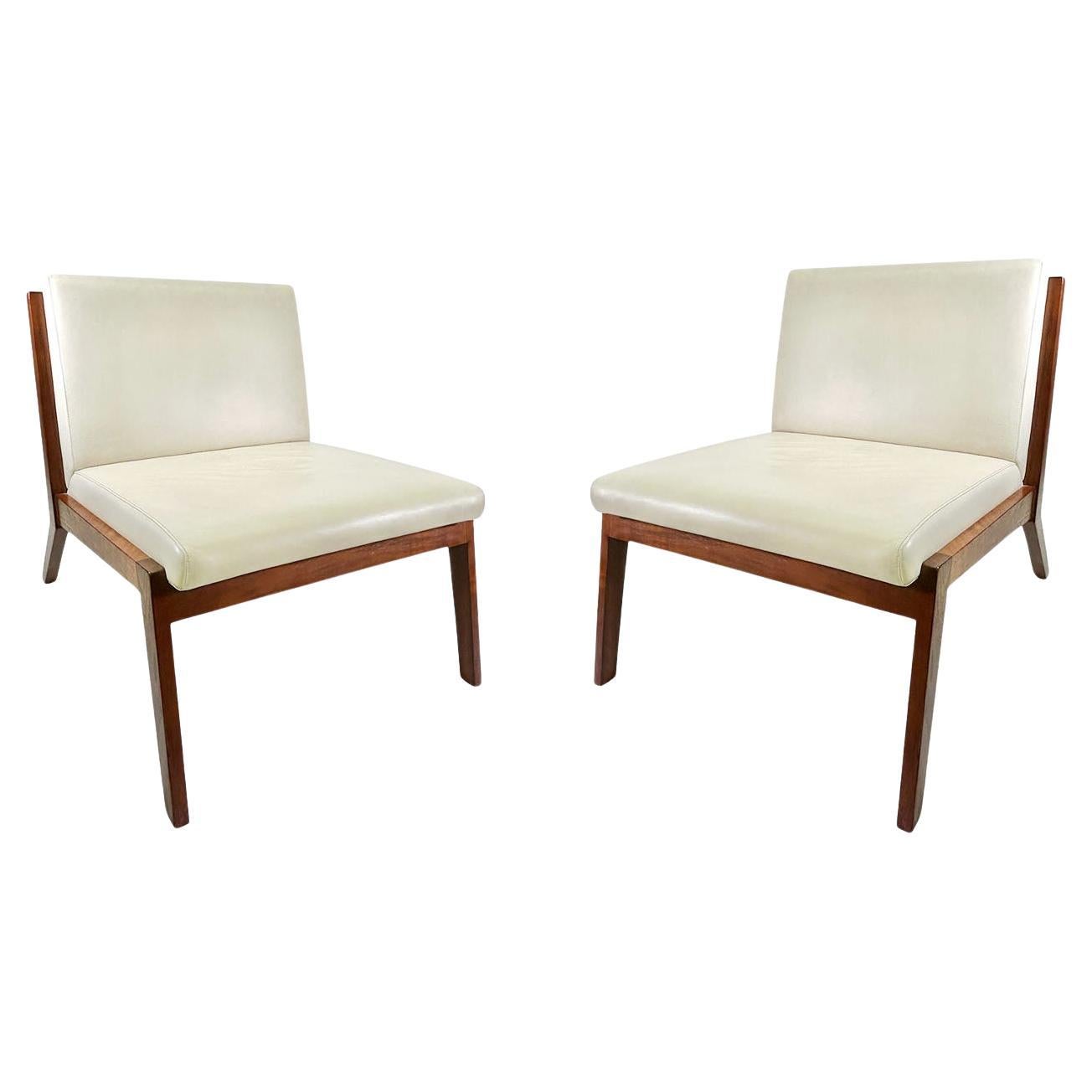 Pair of Bernhardt Solid Walnut Lounge Chairs in Original Creme Fine Leather