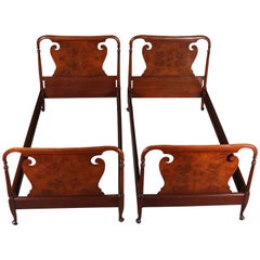 Vintage Pair of Berkey and Gay School Cut-Out and Book Matched Mahogany Twin Bed Frames