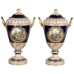 Antique Pair of Berlin Porcelain Two-Handled Covered Urns, circa 1870