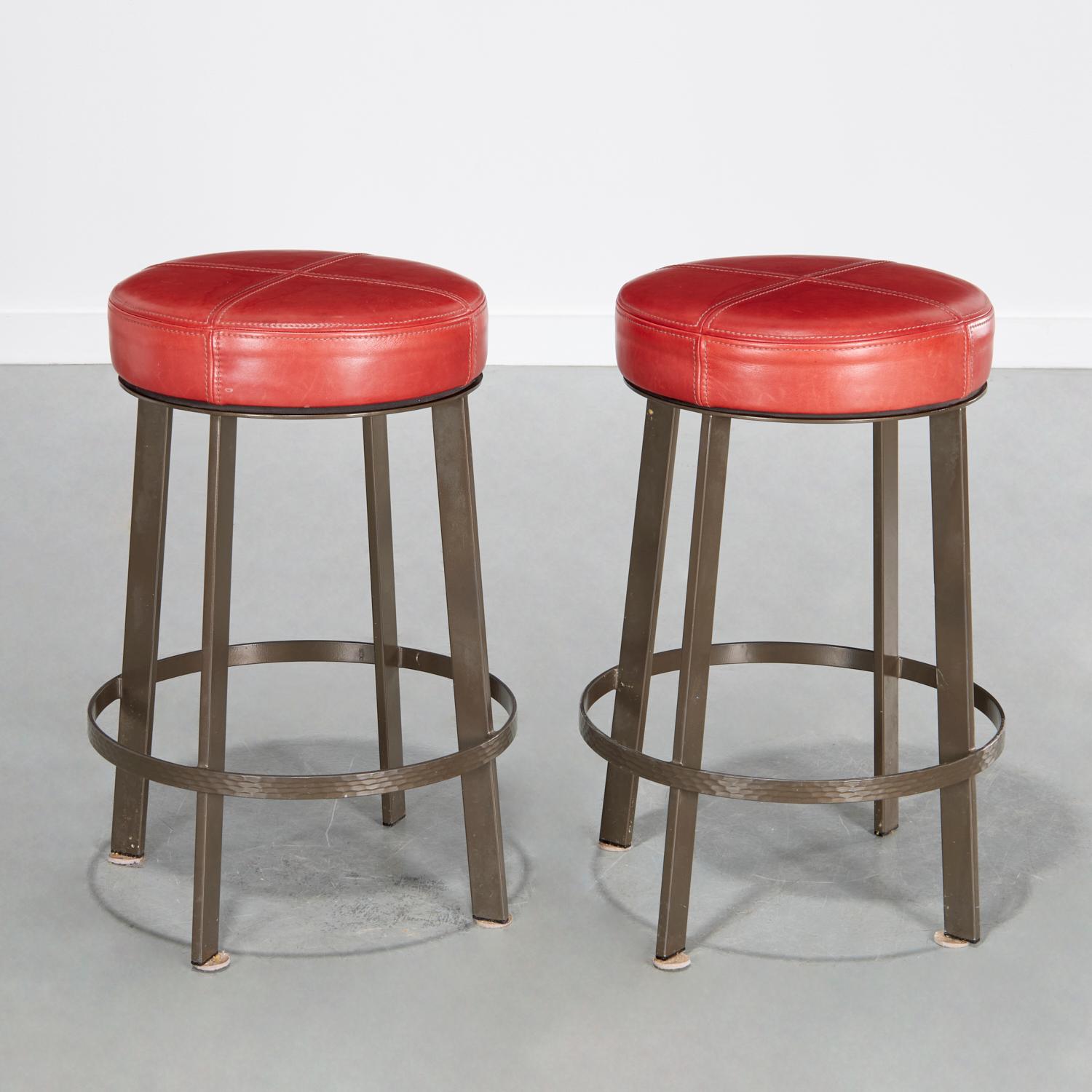 Métal Pair of Berman Rosetti “Bon Bon” Red Leather Swivel Counter Stools, USA en vente