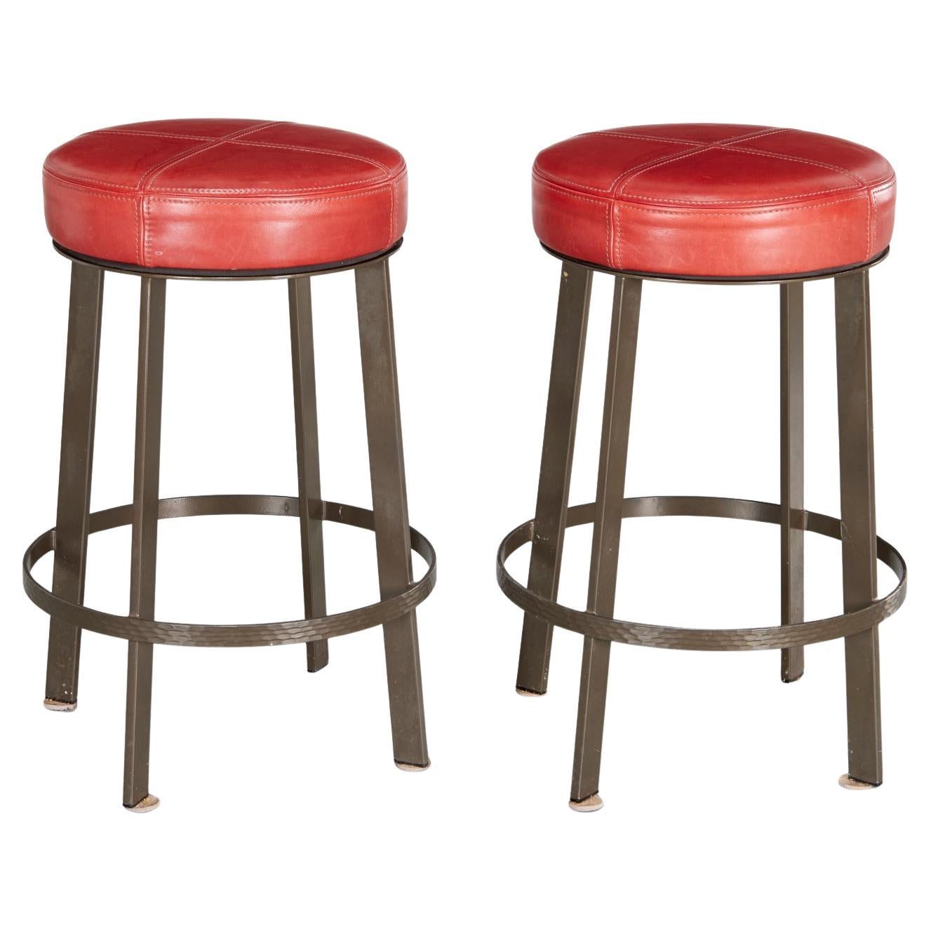 Pair of Berman Rosetti “Bon Bon” Red Leather Swivel Counter Stools, USA en vente