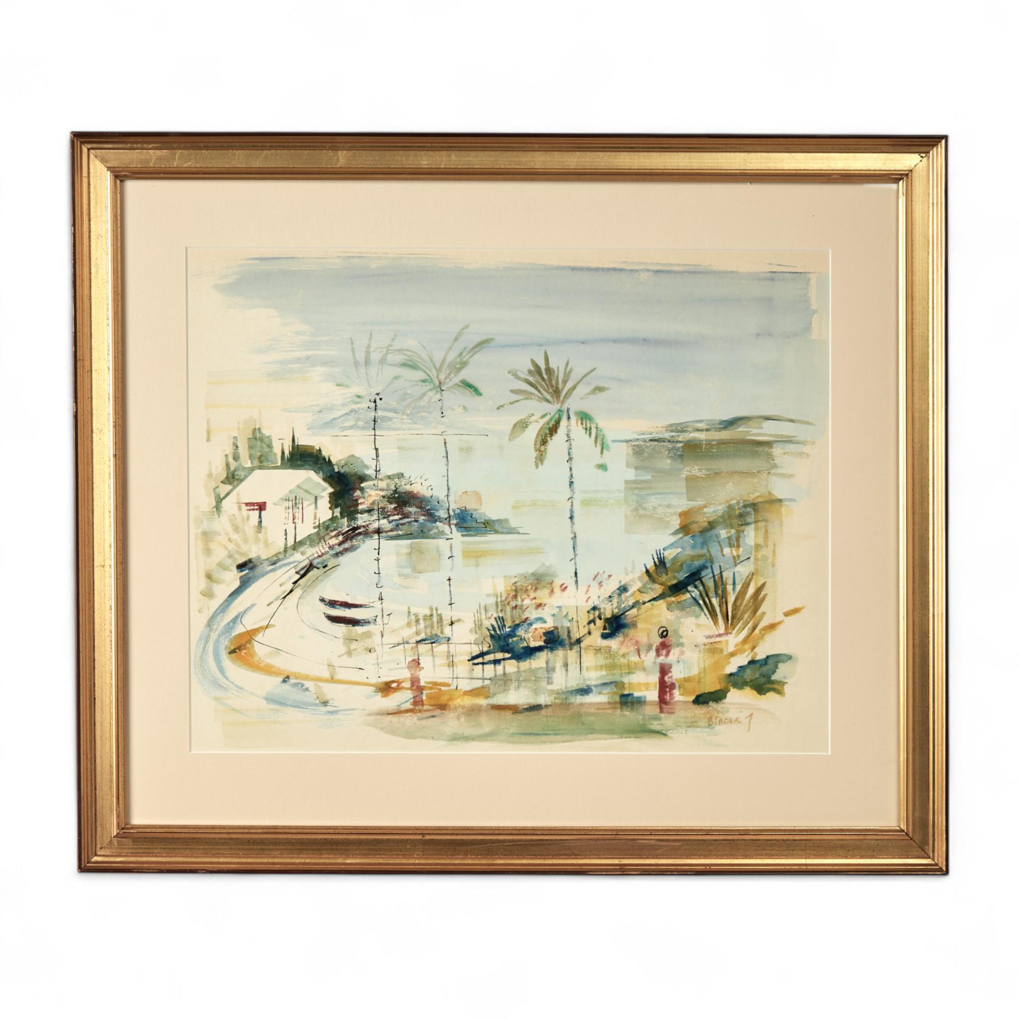 Paire d'aquarelles sur papier du milieu du siècle représentant des scènes du port des Bermudes exécutées dans un style libre et assuré, signées par l'un de nos artistes préférés Alfred Birdsey et présentées sous verre dans des cadres en bois doré.