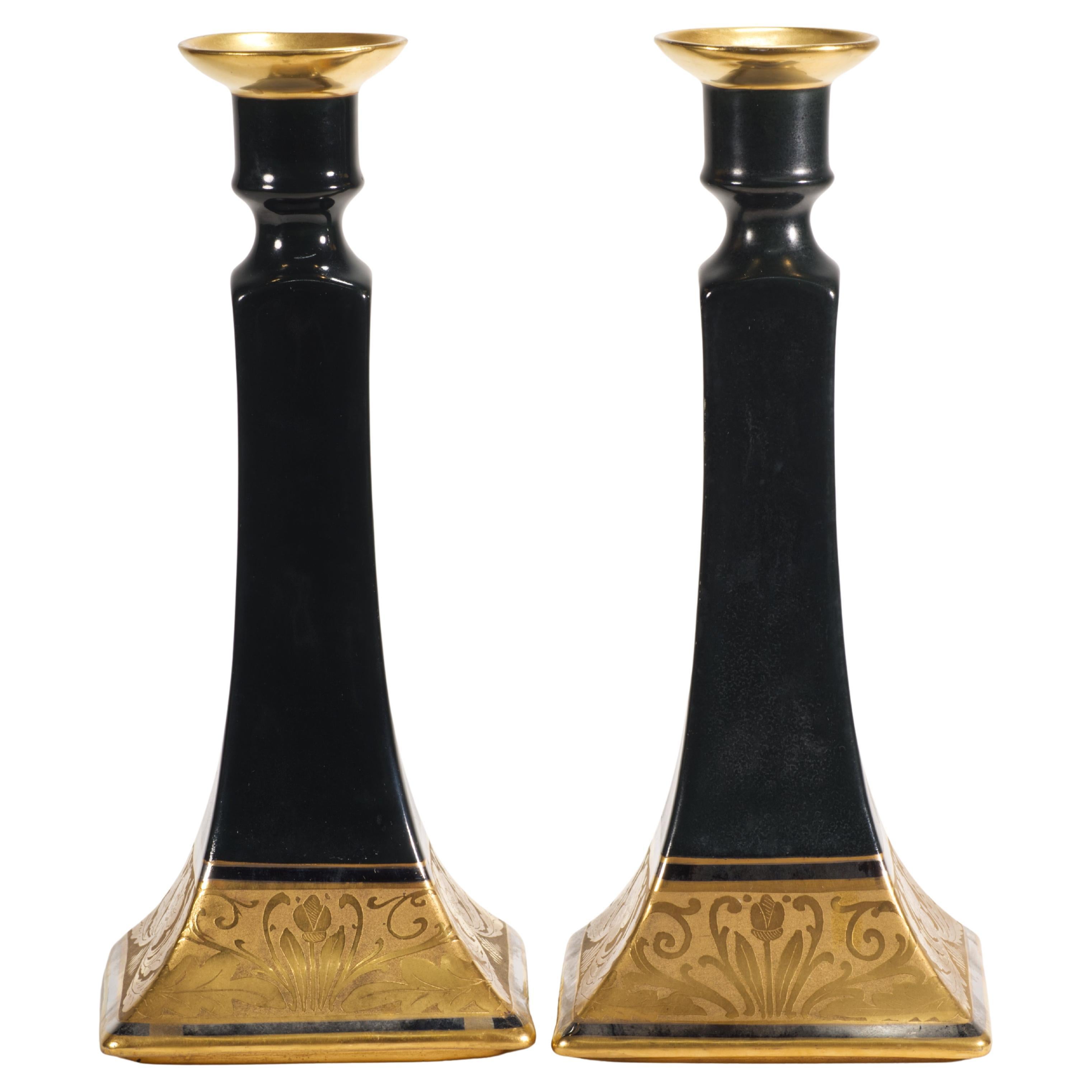 Pair of Bernardaud Limoges Porcelain Candlesticks Decoratedby Stouffer 1914-1918