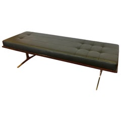 Pair of Bernhardt Black Leather & Mahogany Chaise Lounge Settees Lounger Daybeds