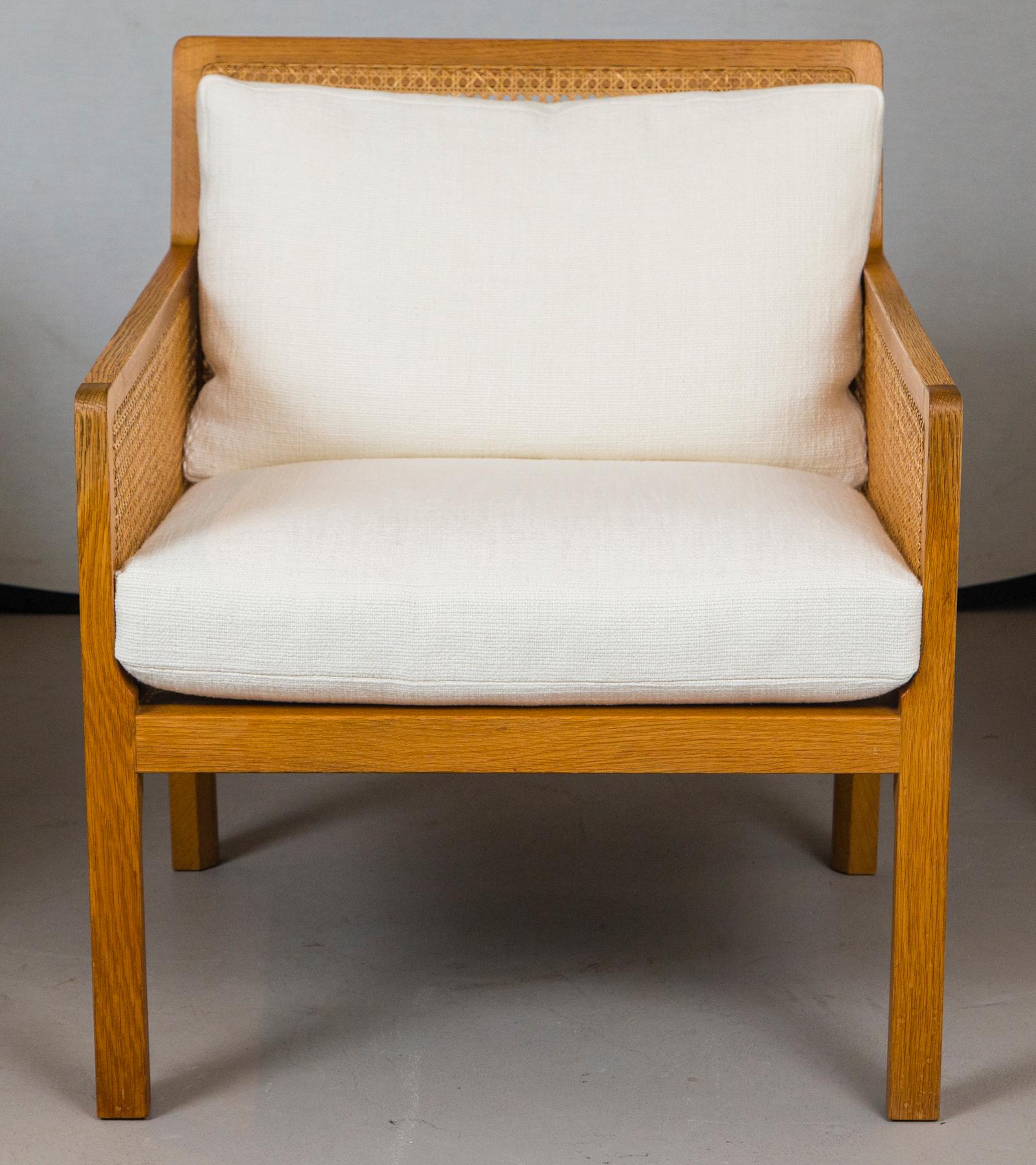 Pair of Bernt Petersen caned lounge chairs newly reupholstered in white Maharam linen

Bernt Petersen opened his own studio in 1963, after having worked for Hans Wegner. His designs are much admired for their highly-refined and deceptively simple
