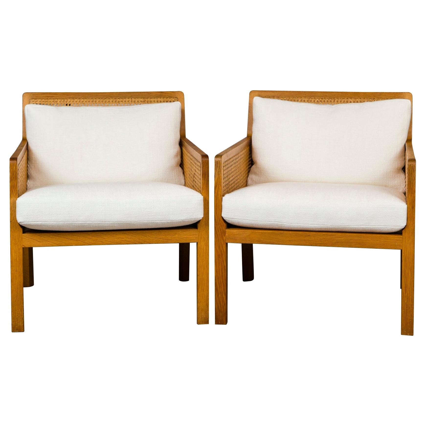 Pair of Bernt Petersen Caned Lounge Chairs Reupholstered in White Maharam Linen