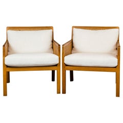 Vintage Pair of Bernt Petersen Caned Lounge Chairs Reupholstered in White Maharam Linen