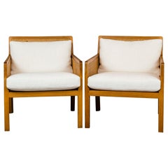 Pair of Bernt Petersen Caned Lounge Chairs Reupholstered in White Maharam Linen