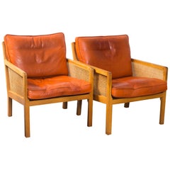 Pair of Bernt Petersen Caned Lounge Chairs with Brown Leather Cushions