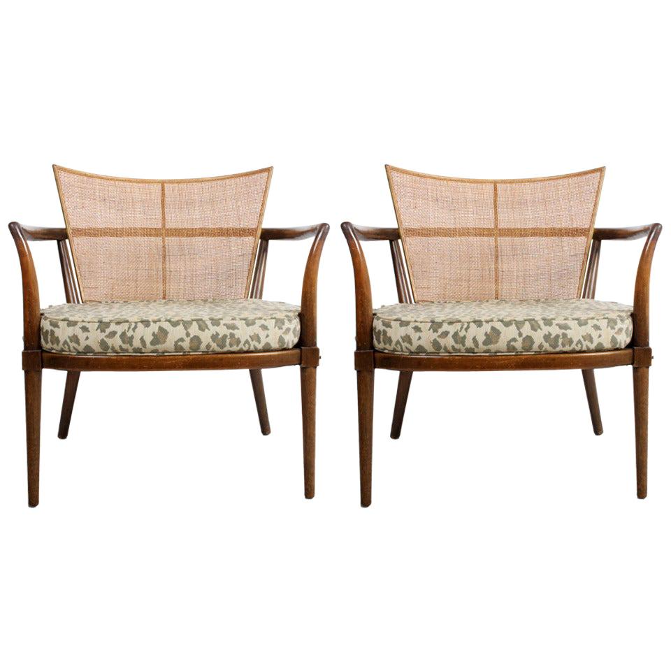 Pair of Bert England Midcentury Lounge Chairs with Walnut, Brass and Cane Backs
