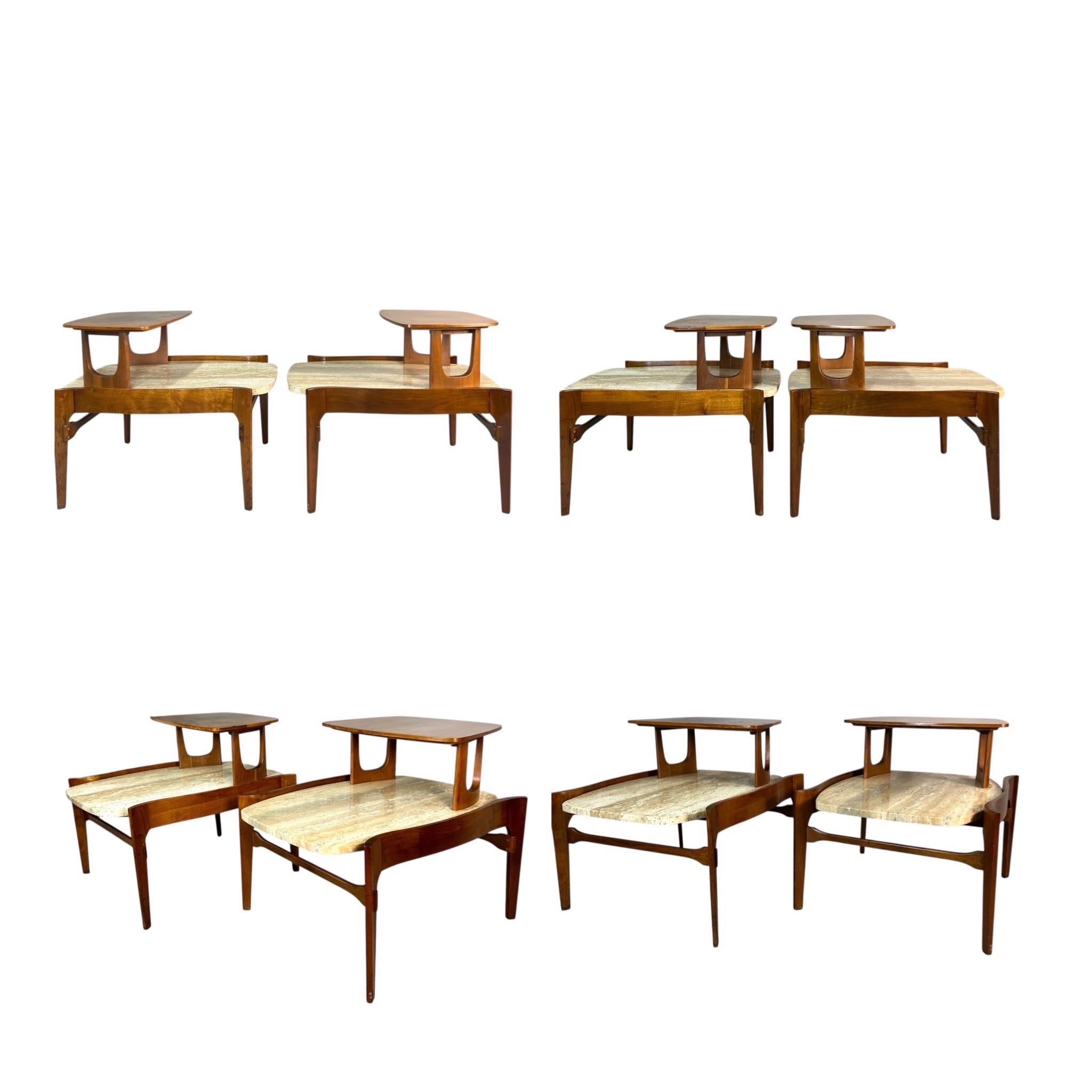 Pareja de mesas auxiliares escultóricas Bertha Schaefer con tapa de nogal y travertino en venta 1