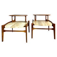 Pair of Bertha Schaefer Sculptural Walnut Travertine Top Step Side End Tables