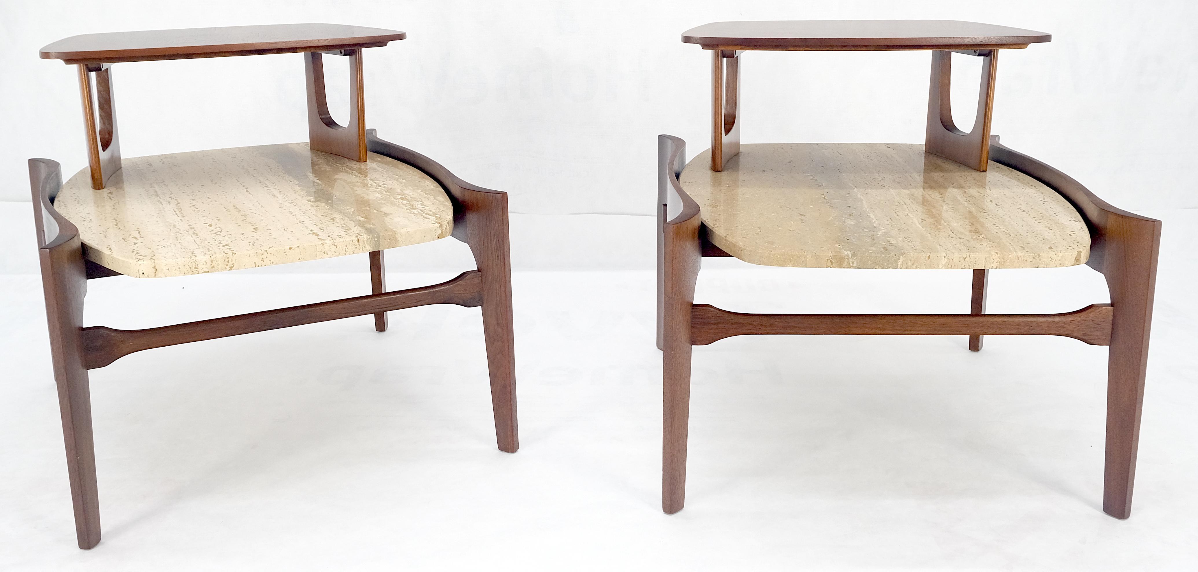 Pair of Bertha Schaefer Walnut Travertine Top Step Side End Tables Stands MINT! For Sale 3