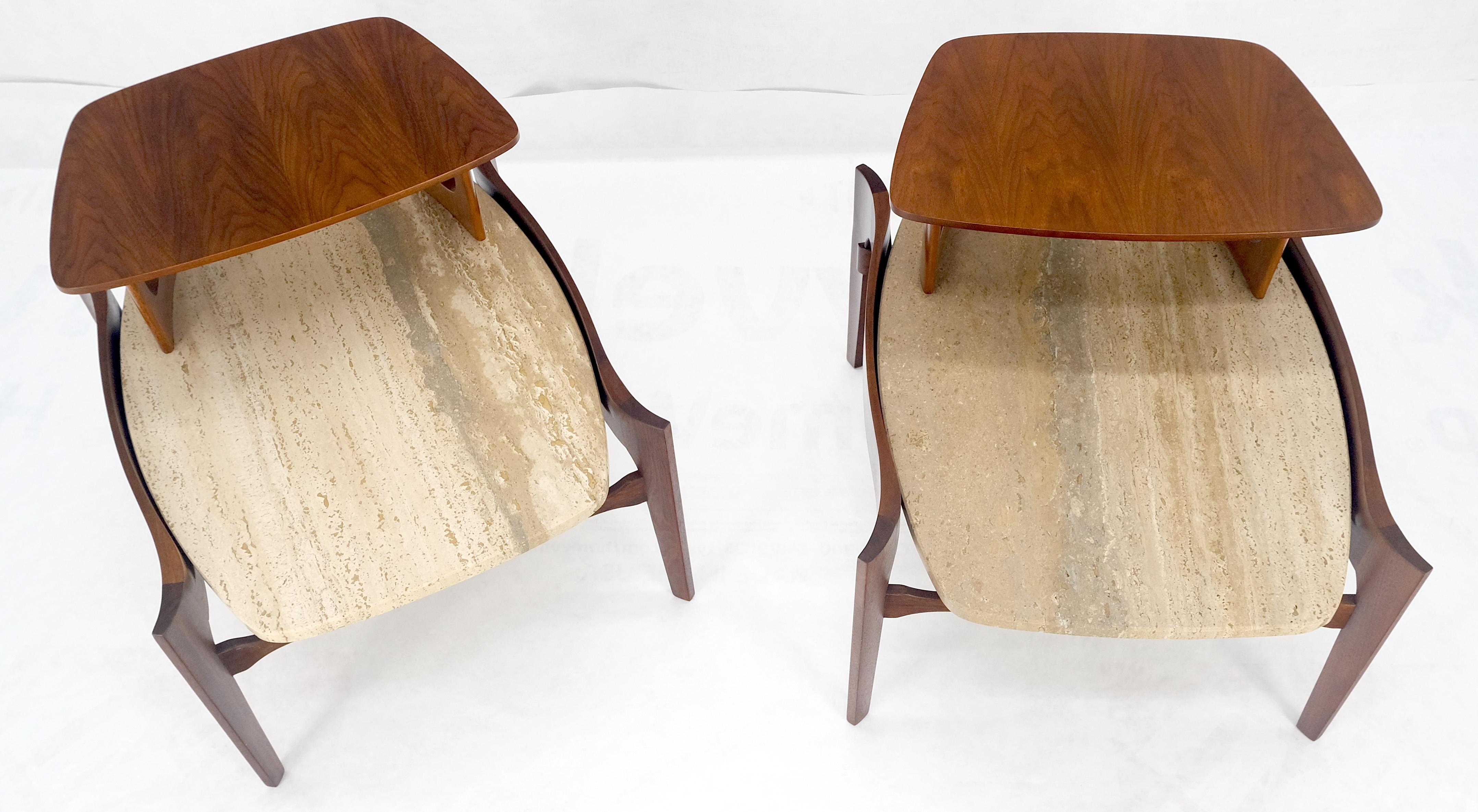 Pair of Bertha Schaefer Walnut Travertine Top Step Side End Tables Stands MINT! For Sale 4