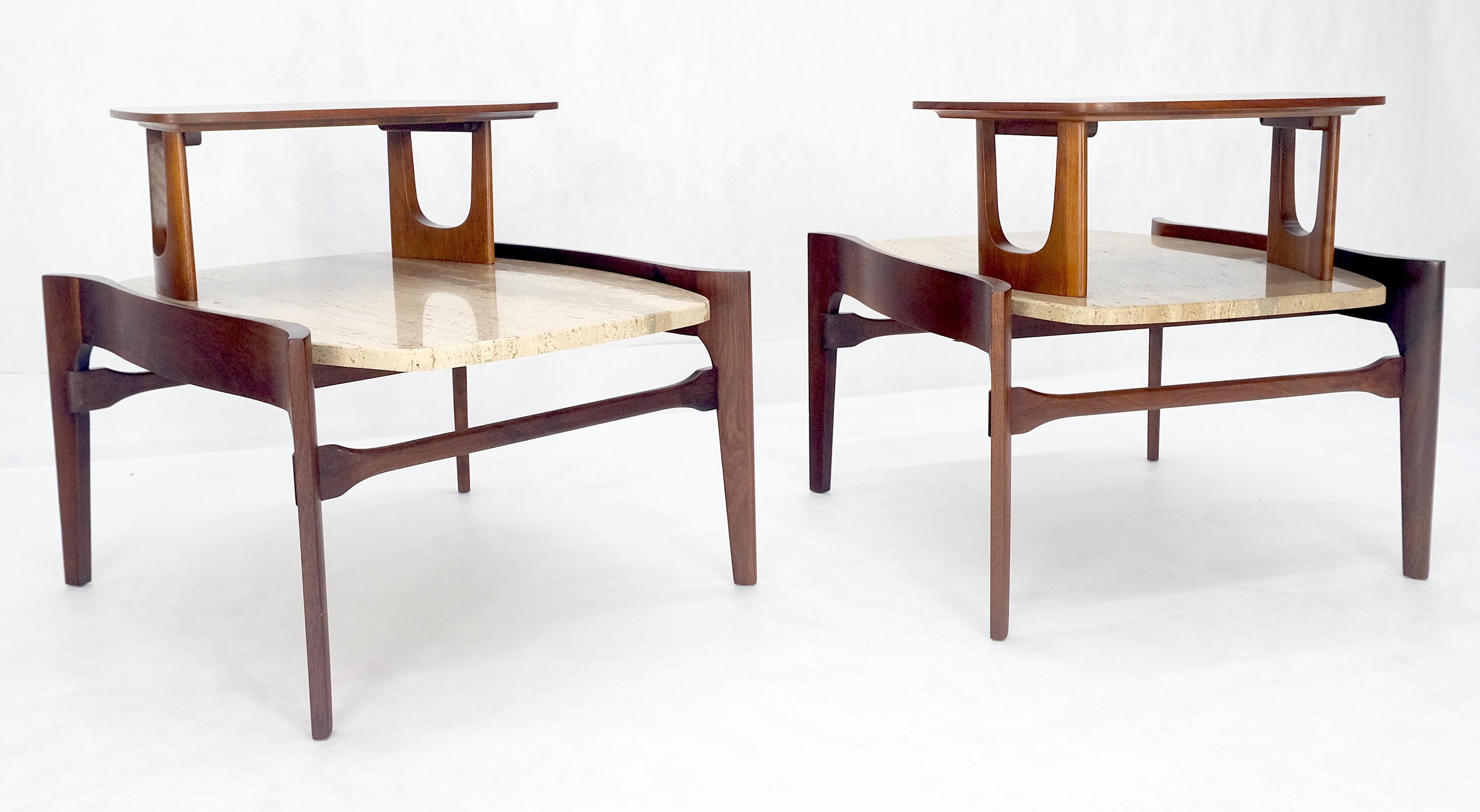 American Pair of Bertha Schaefer Walnut Travertine Top Step Side End Tables Stands MINT! For Sale