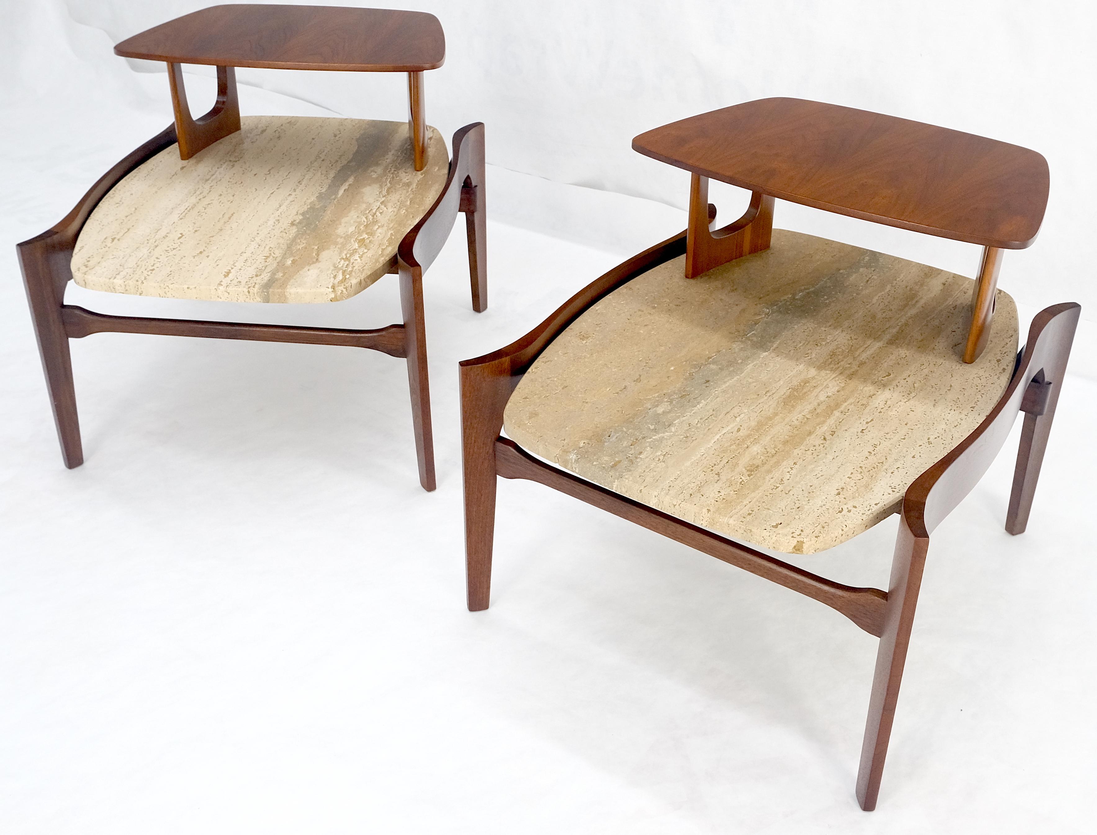 Pair of Bertha Schaefer Walnut Travertine Top Step Side End Tables Stands MINT! In Excellent Condition For Sale In Rockaway, NJ