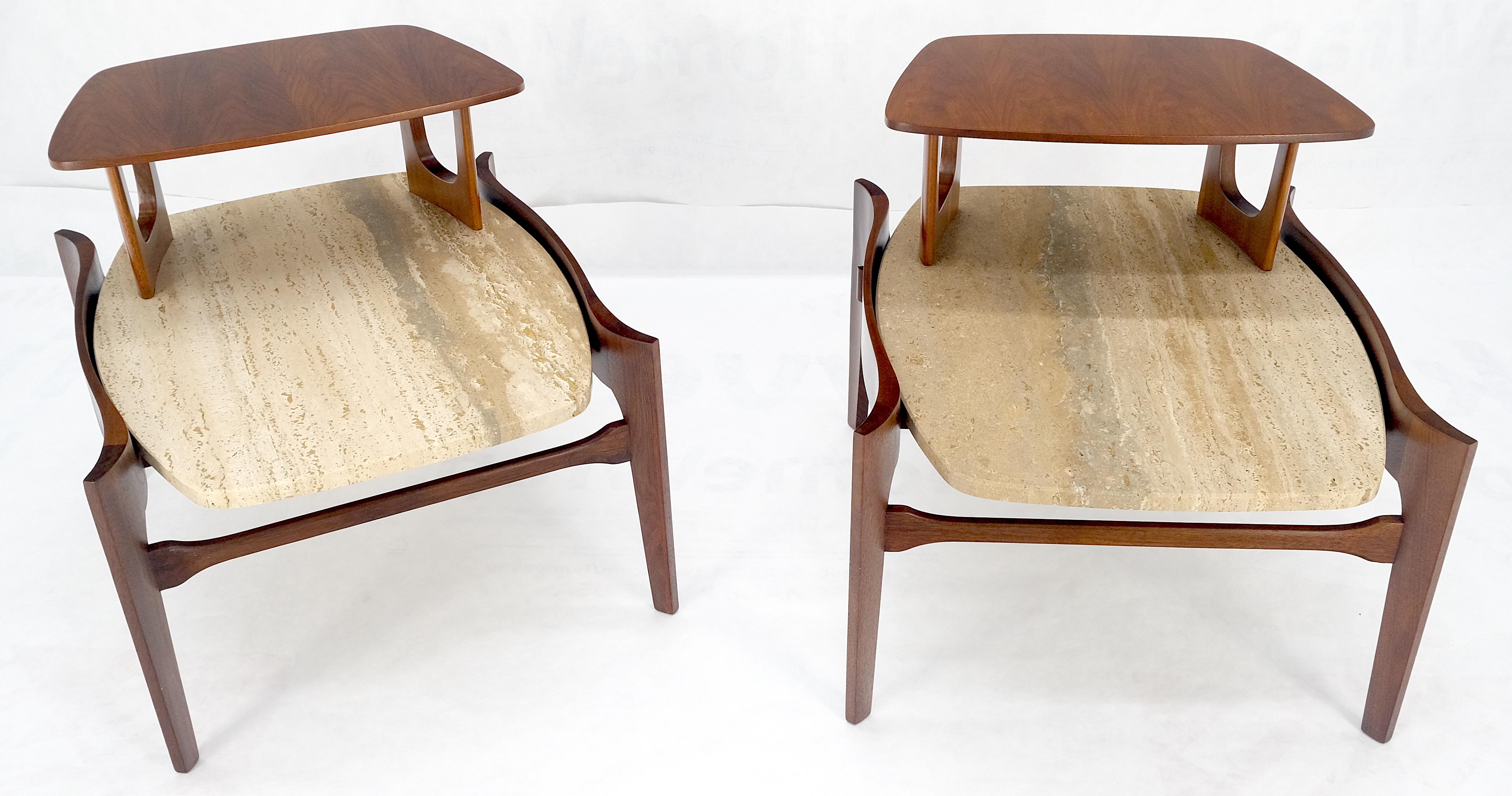 Pair of Bertha Schaefer Walnut Travertine Top Step Side End Tables Stands MINT! For Sale 2