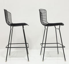 Pair of Bertoia Bar Height Stools in Black with Volo Leather Seat Pad