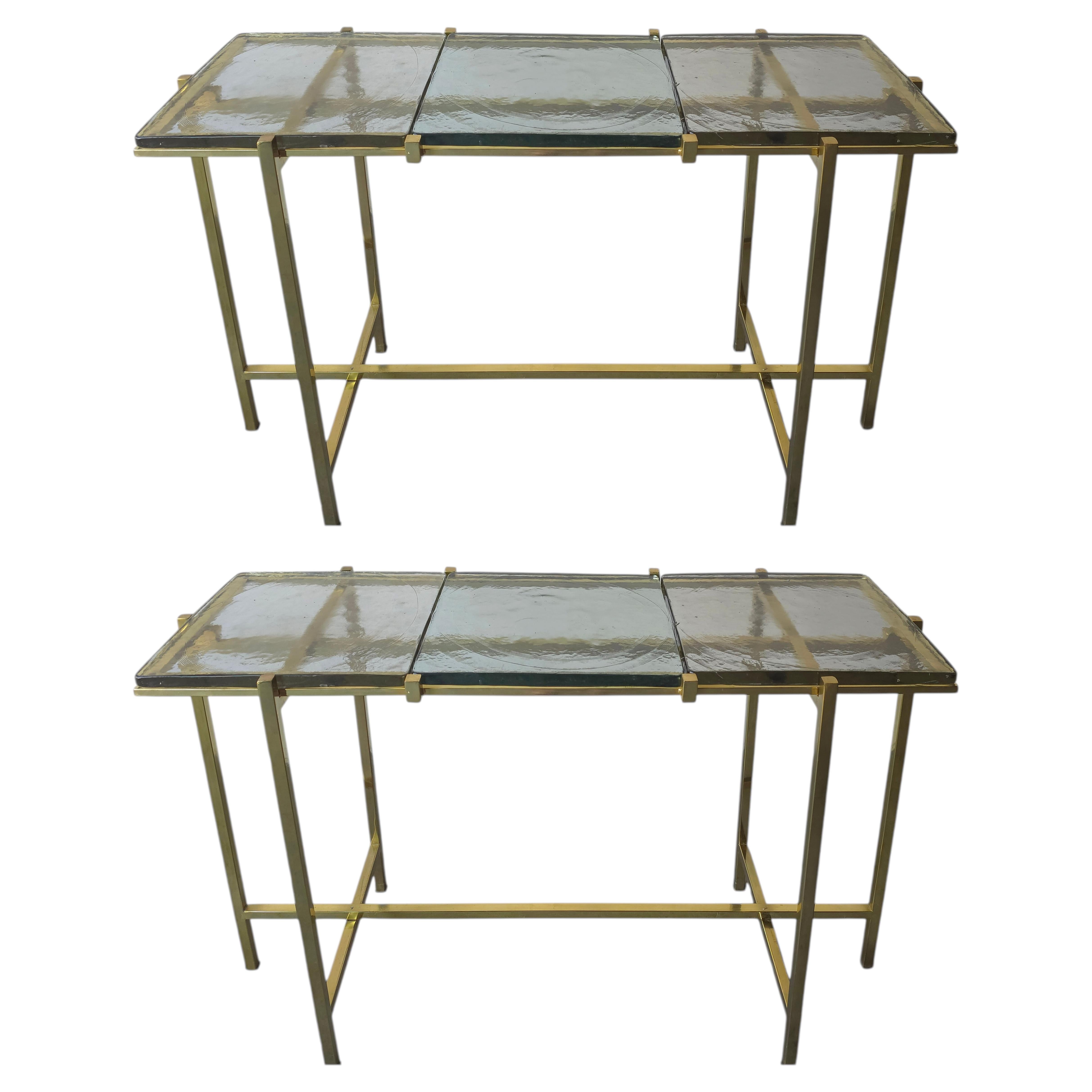 Pair of Bespoke Brass and Cast Glass Console Tables