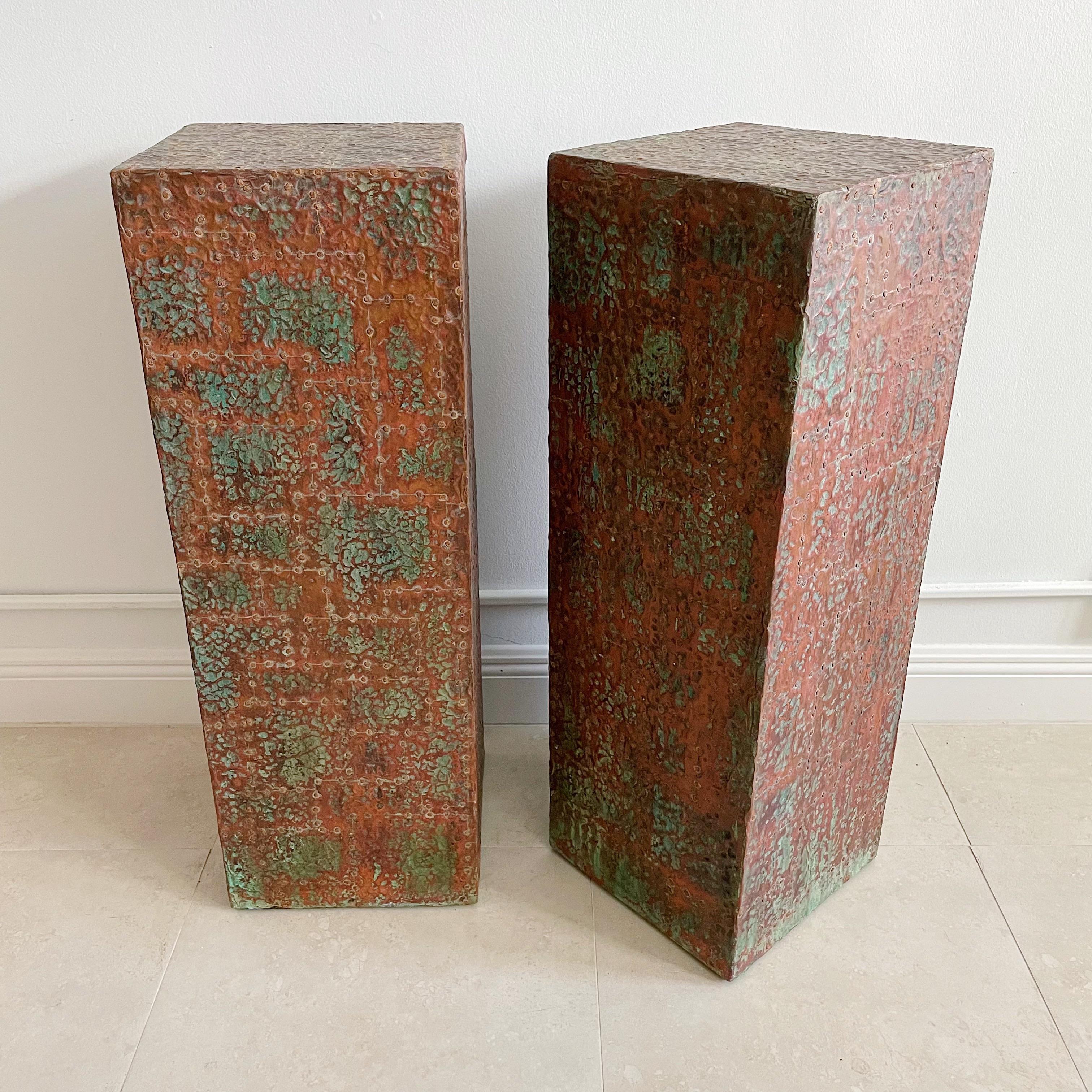 Mid-Century Modern Pair of Bespoke Brutalist Distressed Copper Clad Patchwork Pedestals