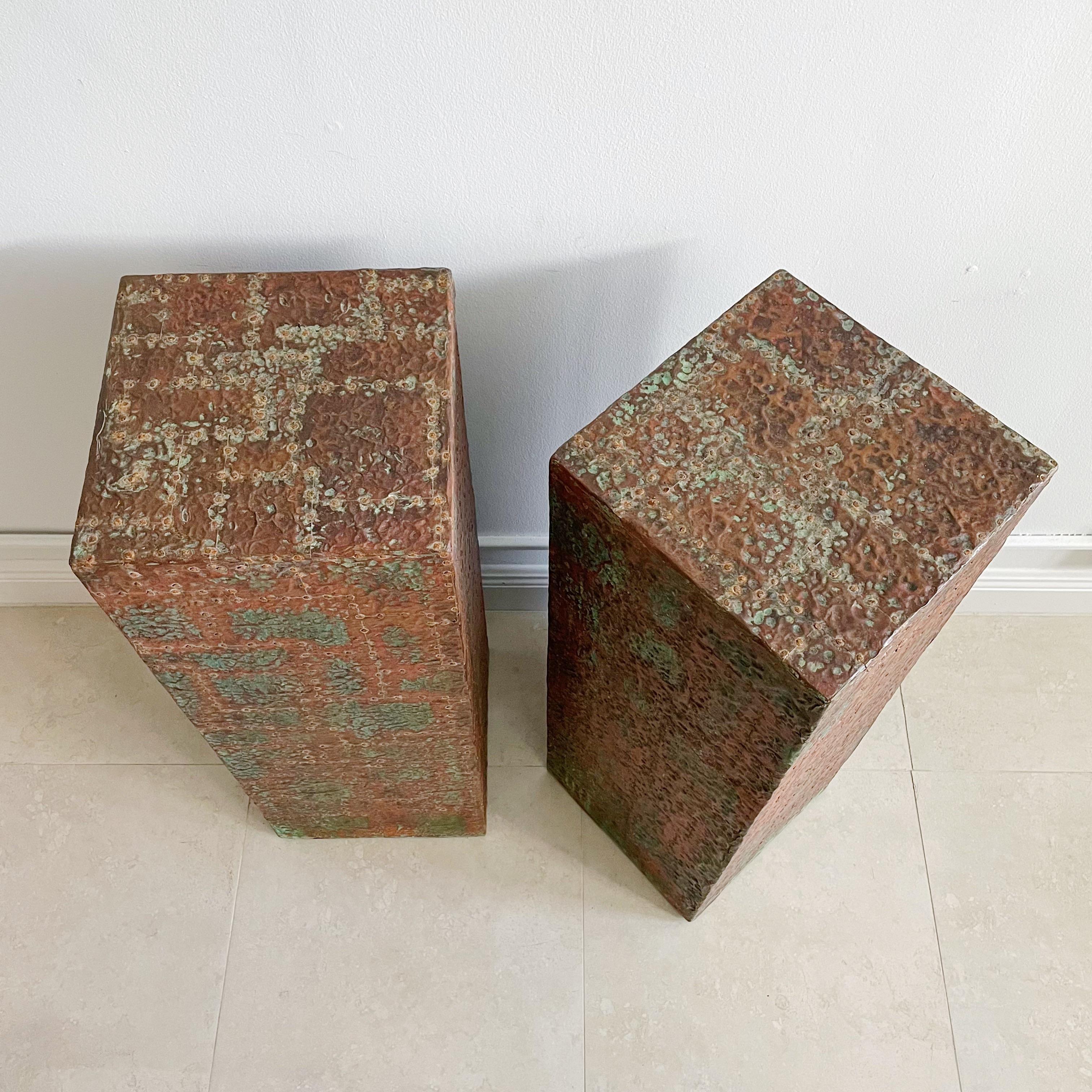 American Pair of Bespoke Brutalist Distressed Copper Clad Patchwork Pedestals