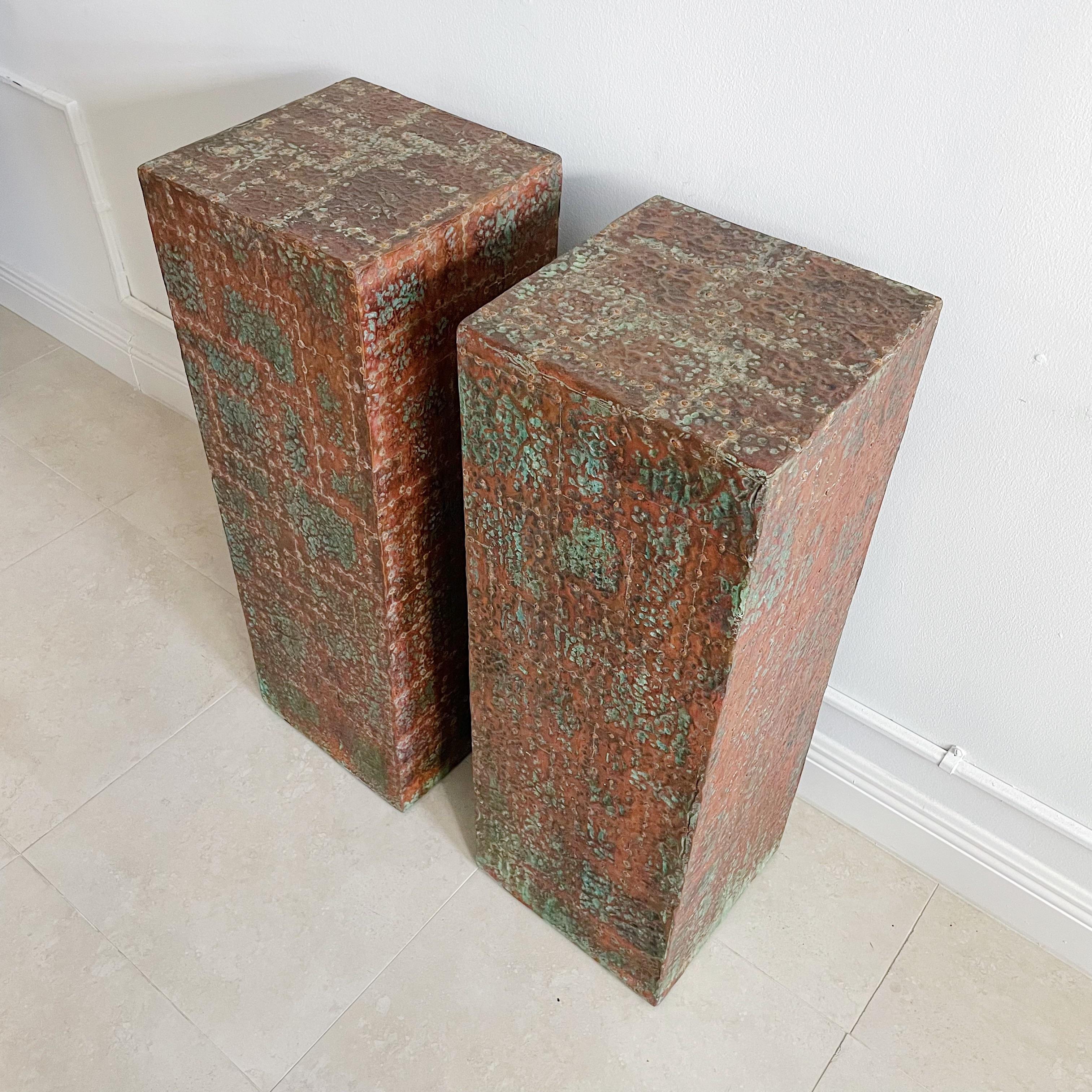 Hammered Pair of Bespoke Brutalist Distressed Copper Clad Patchwork Pedestals